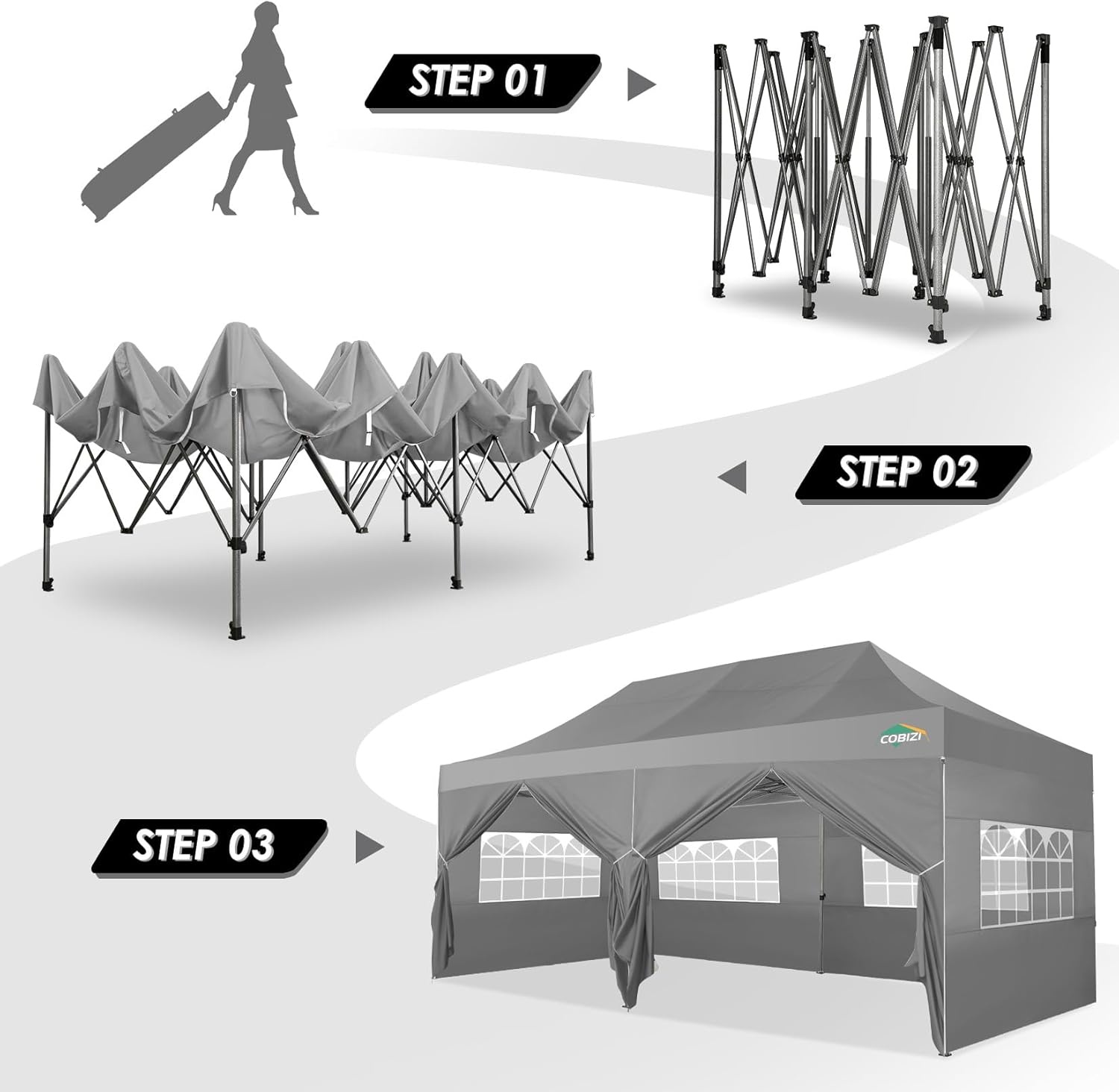 image:imageCOBIZI 66x66ft Pop Up Canopy Tent Heavy Duty Canopy Easy Set up Waterproof Outdoor Canopy Tent for Parties Beach Garden Camping with 1 Handbag 3 Adjustable Heights UPF50 Mist WhiteGray