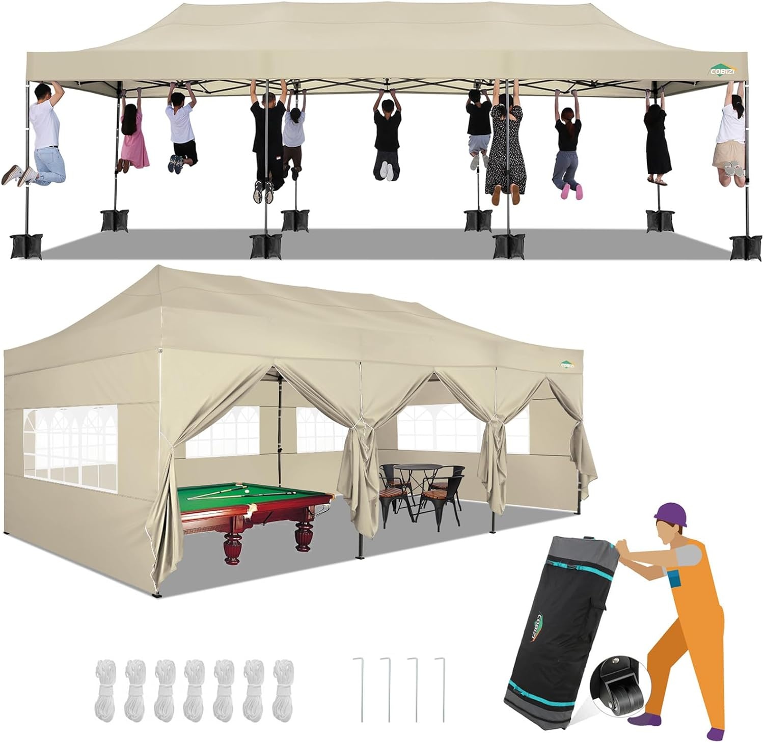 image:imageCOBIZI 66x66ft Pop Up Canopy Tent Heavy Duty Canopy Easy Set up Waterproof Outdoor Canopy Tent for Parties Beach Garden Camping with 1 Handbag 3 Adjustable Heights UPF50 Mist WhiteKhaki