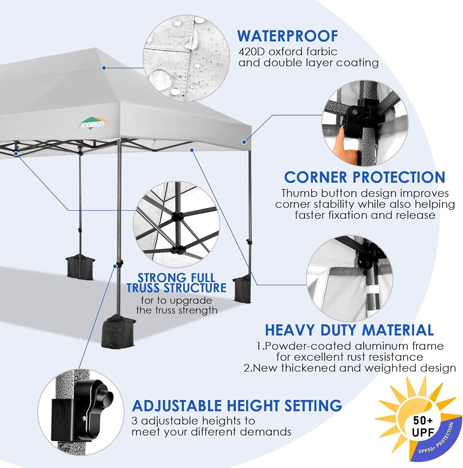 image:imageCOBIZI 66x66ft Pop Up Canopy Tent Heavy Duty Canopy Easy Set up Waterproof Outdoor Canopy Tent for Parties Beach Garden Camping with 1 Handbag 3 Adjustable Heights UPF50 Mist WhiteWhite