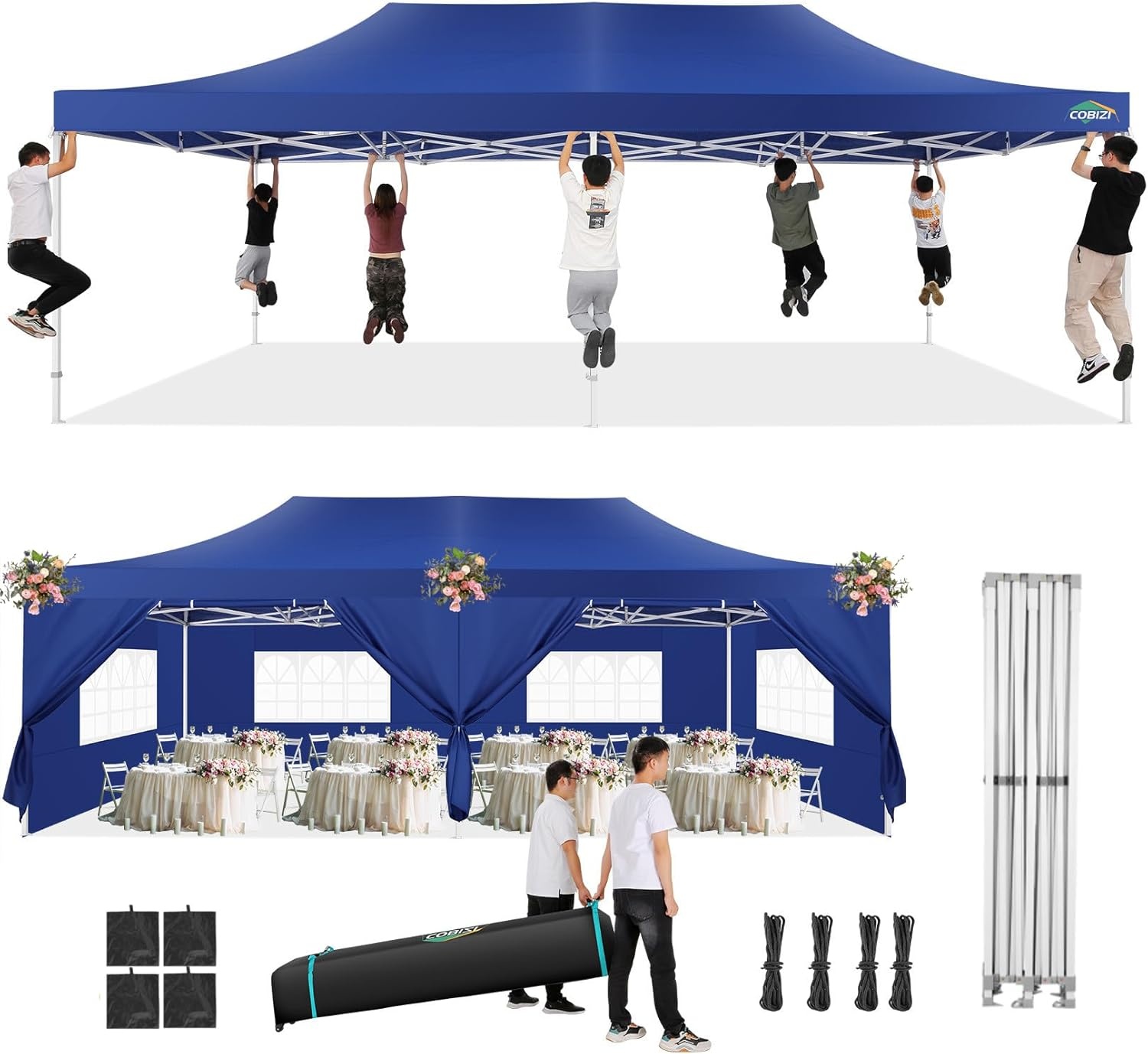 image:imageCOBIZI 66x66ft Pop Up Canopy Tent Heavy Duty Canopy Easy Set up Waterproof Outdoor Canopy Tent for Parties Beach Garden Camping with 1 Handbag 3 Adjustable Heights UPF50 Mist WhiteDark Blue