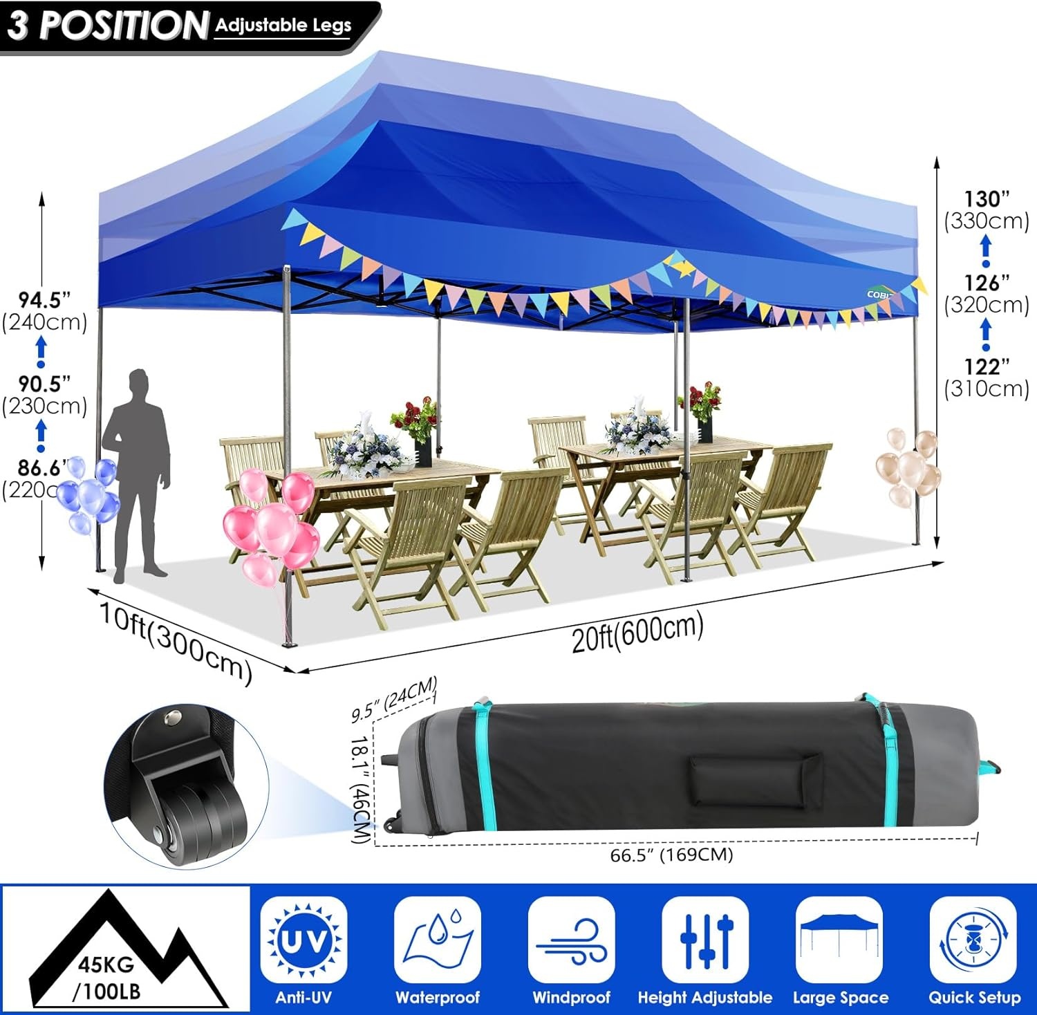 image:imageCOBIZI 66x66ft Pop Up Canopy Tent Heavy Duty Canopy Easy Set up Waterproof Outdoor Canopy Tent for Parties Beach Garden Camping with 1 Handbag 3 Adjustable Heights UPF50 Mist WhiteDark Blue