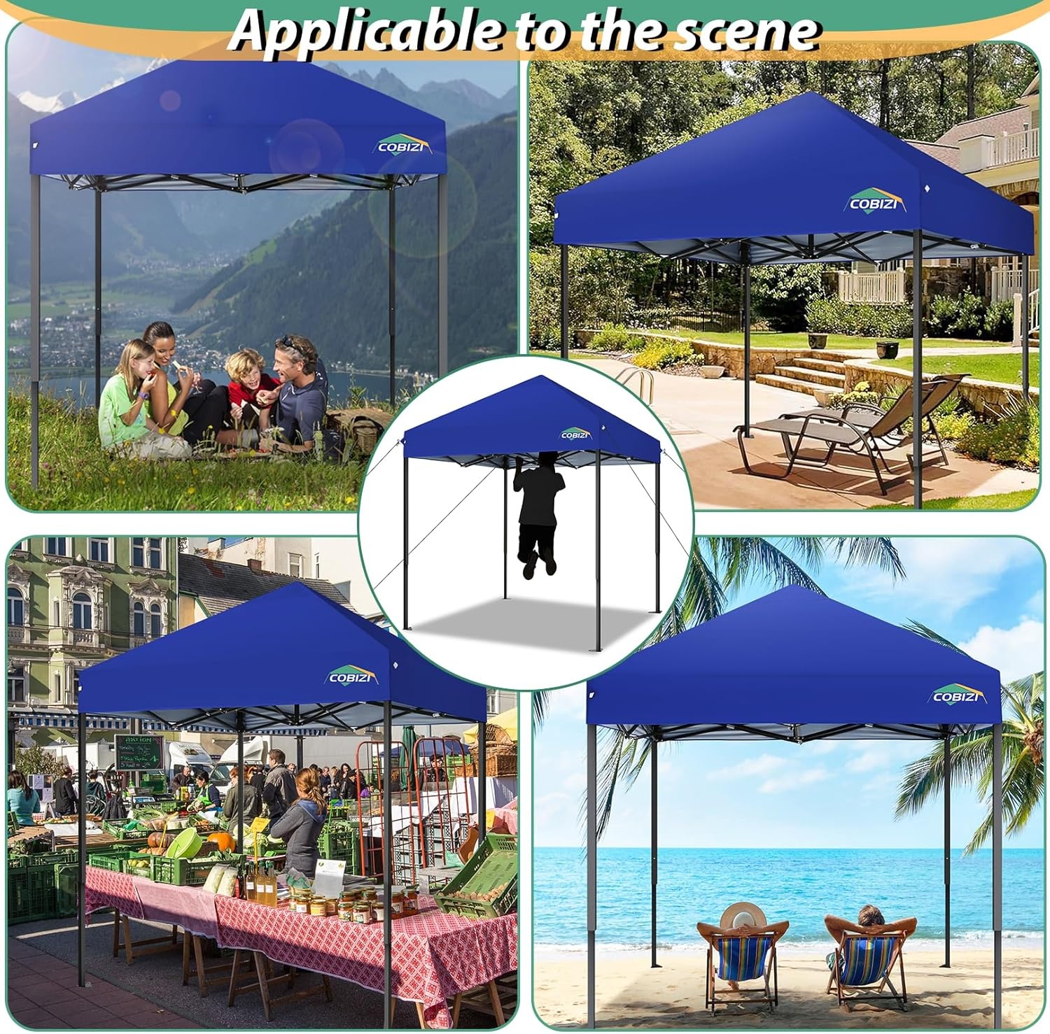 image:imageCOBIZI 66x66ft Pop Up Canopy Tent Heavy Duty Canopy Easy Set up Waterproof Outdoor Canopy Tent for Parties Beach Garden Camping with 1 Handbag 3 Adjustable Heights UPF50 Mist WhiteDark Blue