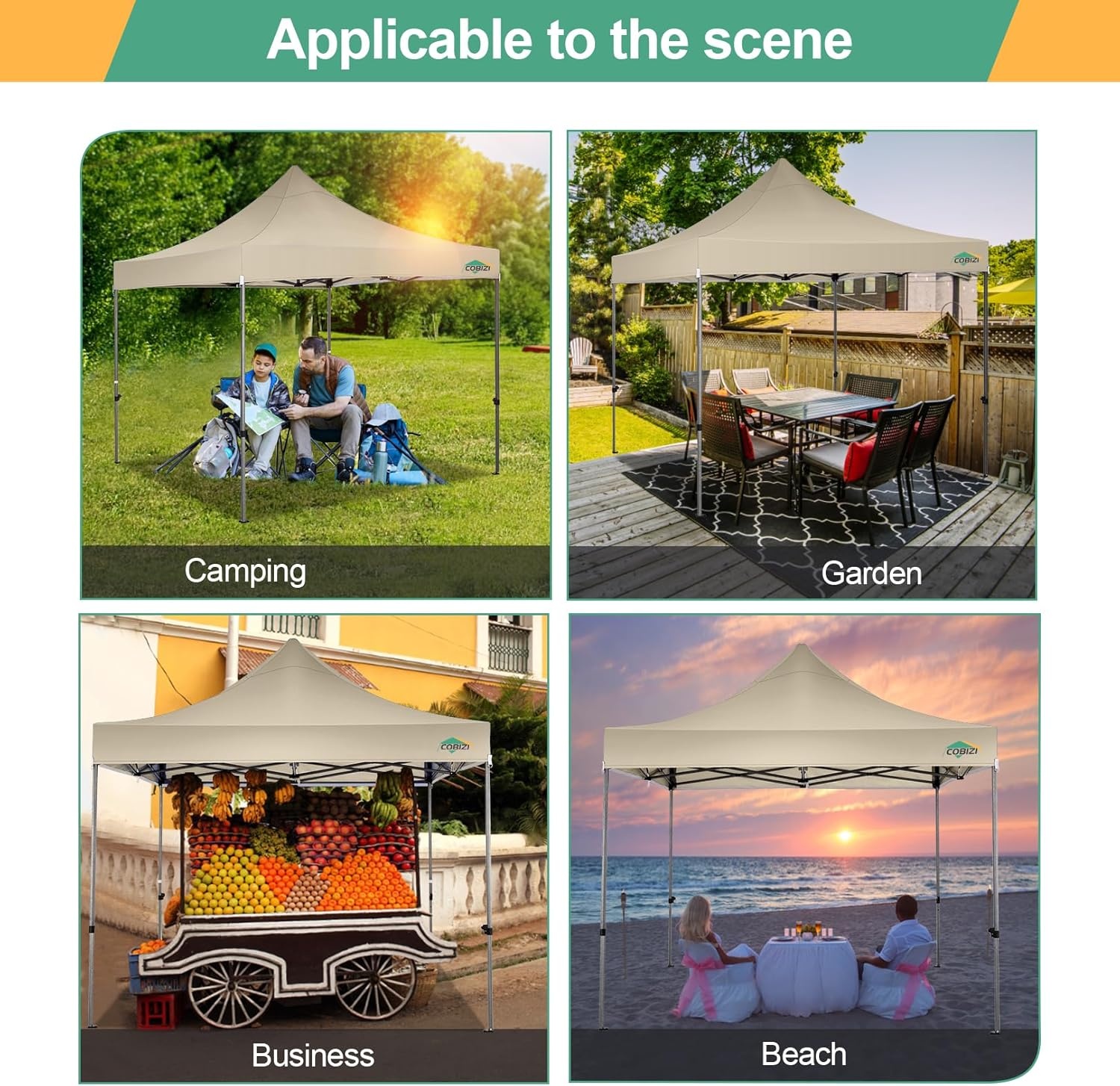 image:imageCOBIZI 66x66ft Pop Up Canopy Tent Heavy Duty Canopy Easy Set up Waterproof Outdoor Canopy Tent for Parties Beach Garden Camping with 1 Handbag 3 Adjustable Heights UPF50 Mist WhiteKhaki