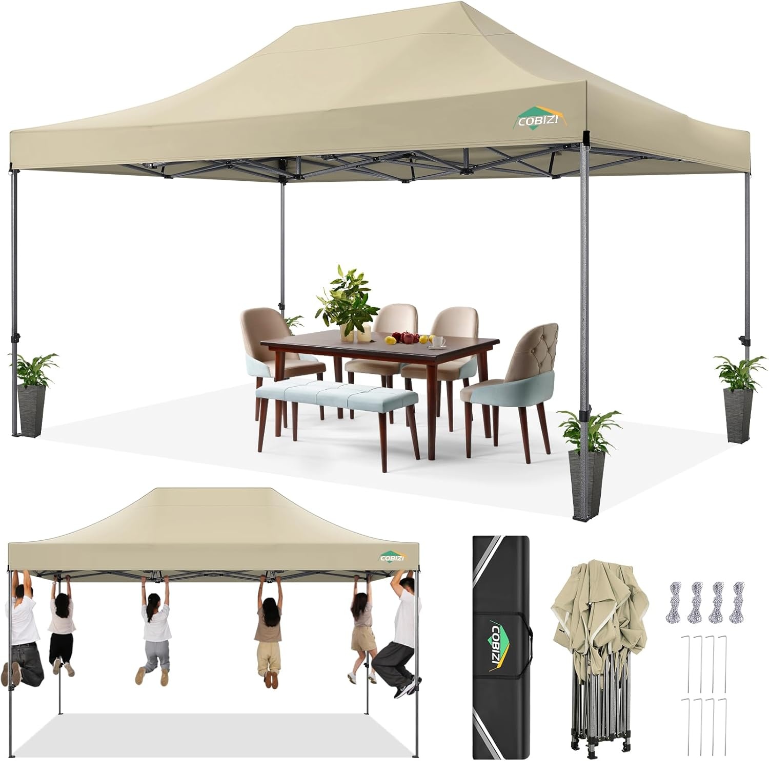 image:imageCOBIZI 66x66ft Pop Up Canopy Tent Heavy Duty Canopy Easy Set up Waterproof Outdoor Canopy Tent for Parties Beach Garden Camping with 1 Handbag 3 Adjustable Heights UPF50 Mist WhiteKhaki