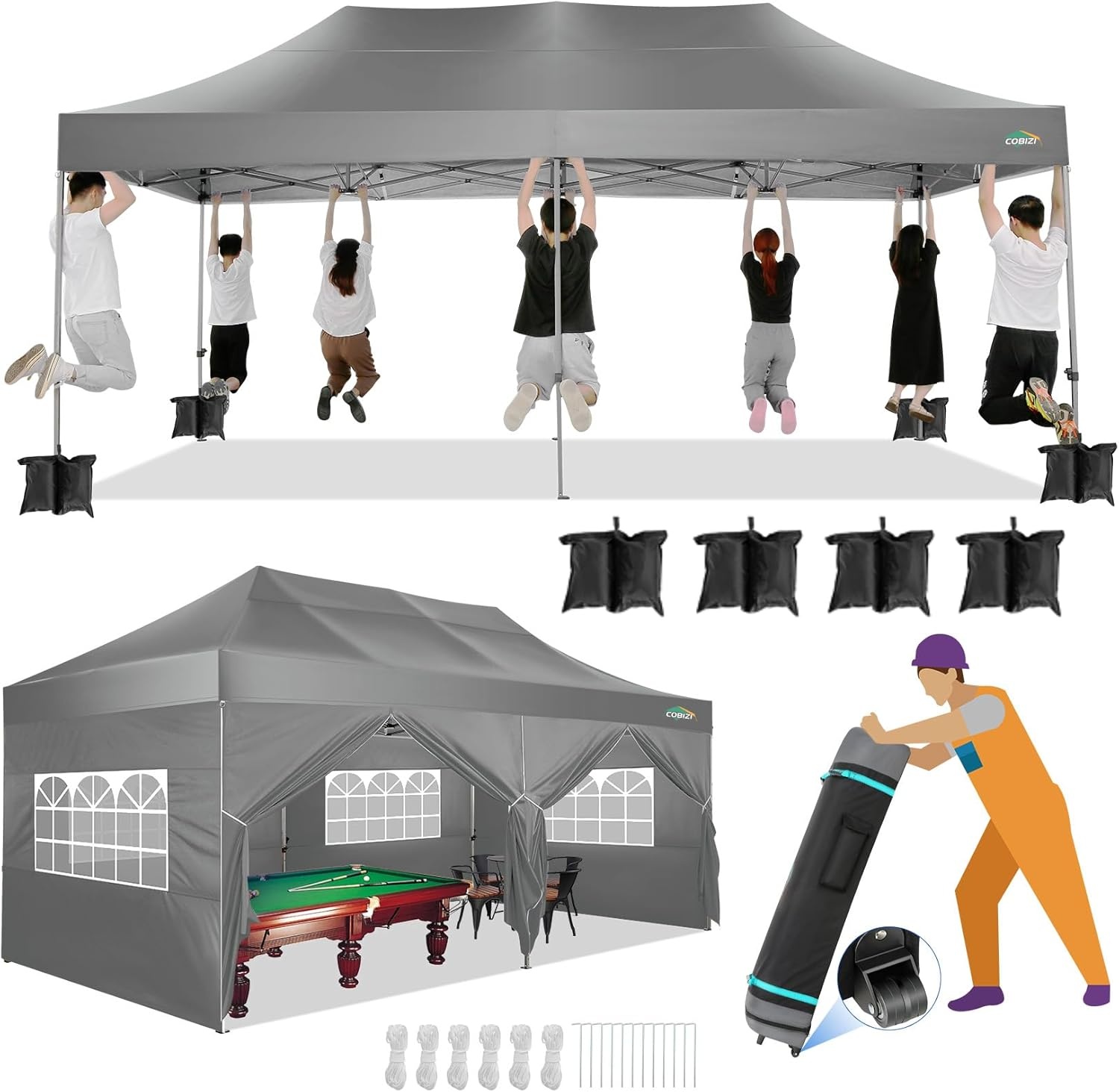 image:imageCOBIZI 66x66ft Pop Up Canopy Tent Heavy Duty Canopy Easy Set up Waterproof Outdoor Canopy Tent for Parties Beach Garden Camping with 1 Handbag 3 Adjustable Heights UPF50 Mist WhiteGray