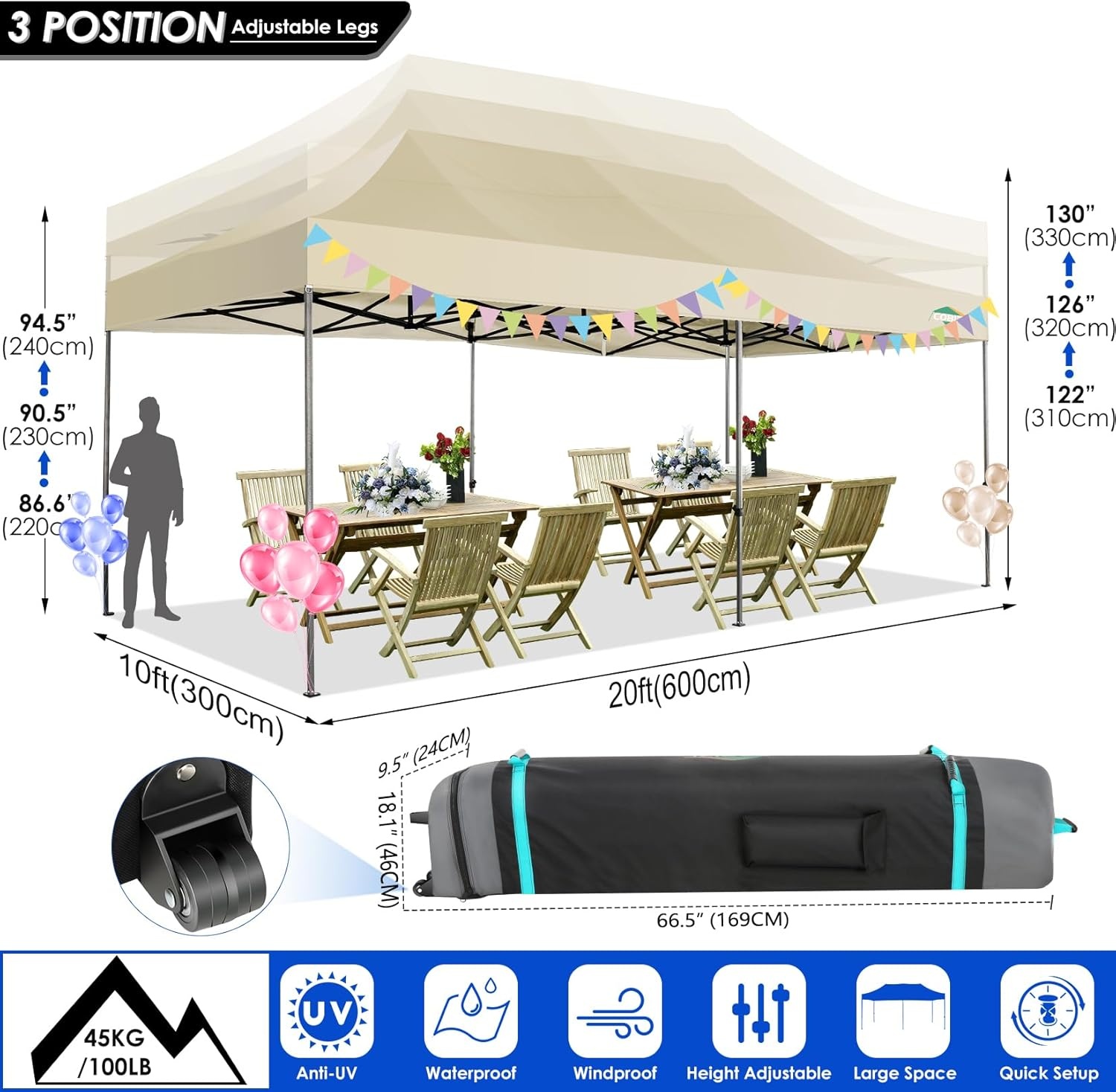 image:imageCOBIZI 66x66ft Pop Up Canopy Tent Heavy Duty Canopy Easy Set up Waterproof Outdoor Canopy Tent for Parties Beach Garden Camping with 1 Handbag 3 Adjustable Heights UPF50 Mist WhiteKhaki