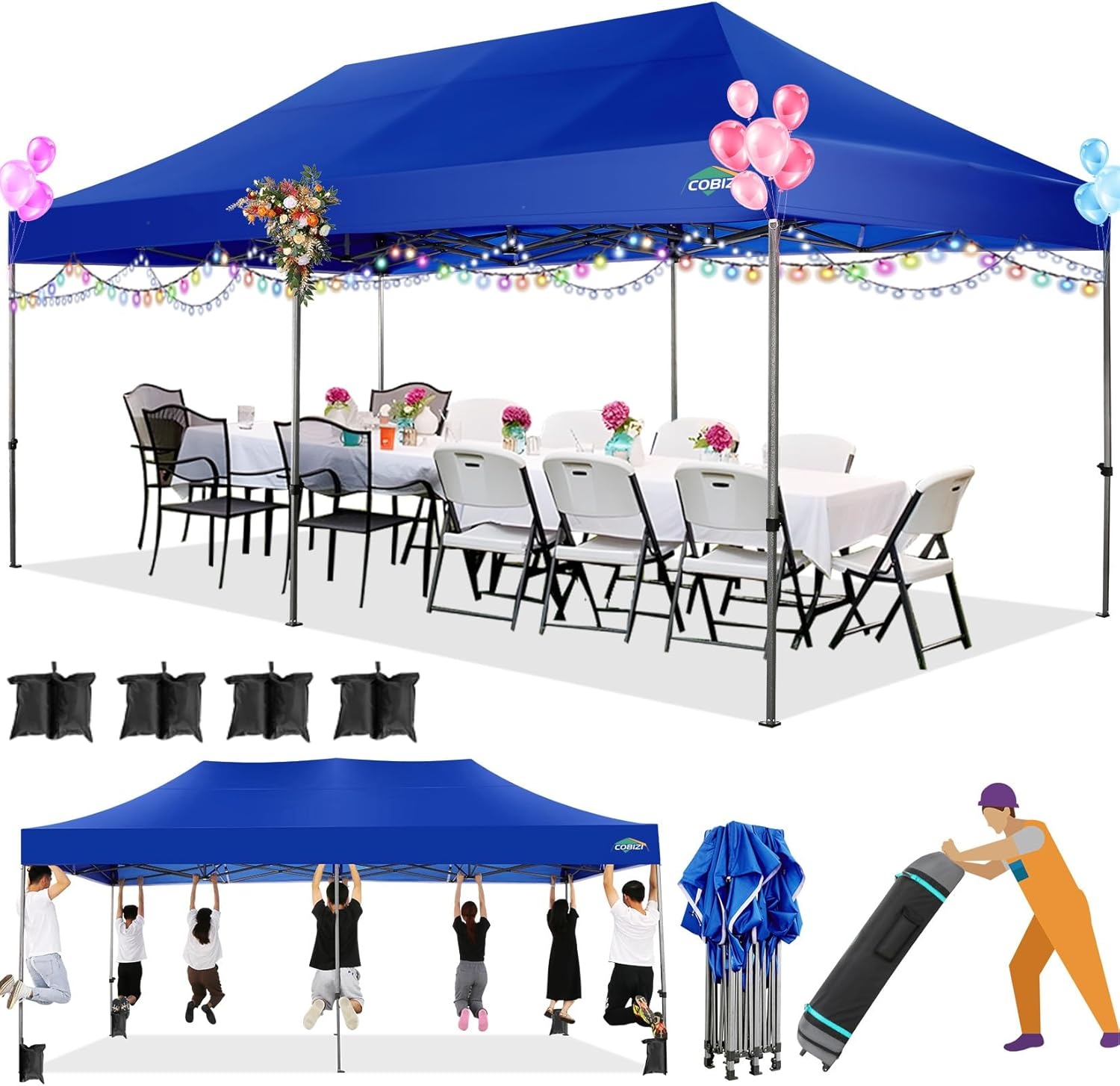 image:imageCOBIZI 66x66ft Pop Up Canopy Tent Heavy Duty Canopy Easy Set up Waterproof Outdoor Canopy Tent for Parties Beach Garden Camping with 1 Handbag 3 Adjustable Heights UPF50 Mist WhiteDark Blue