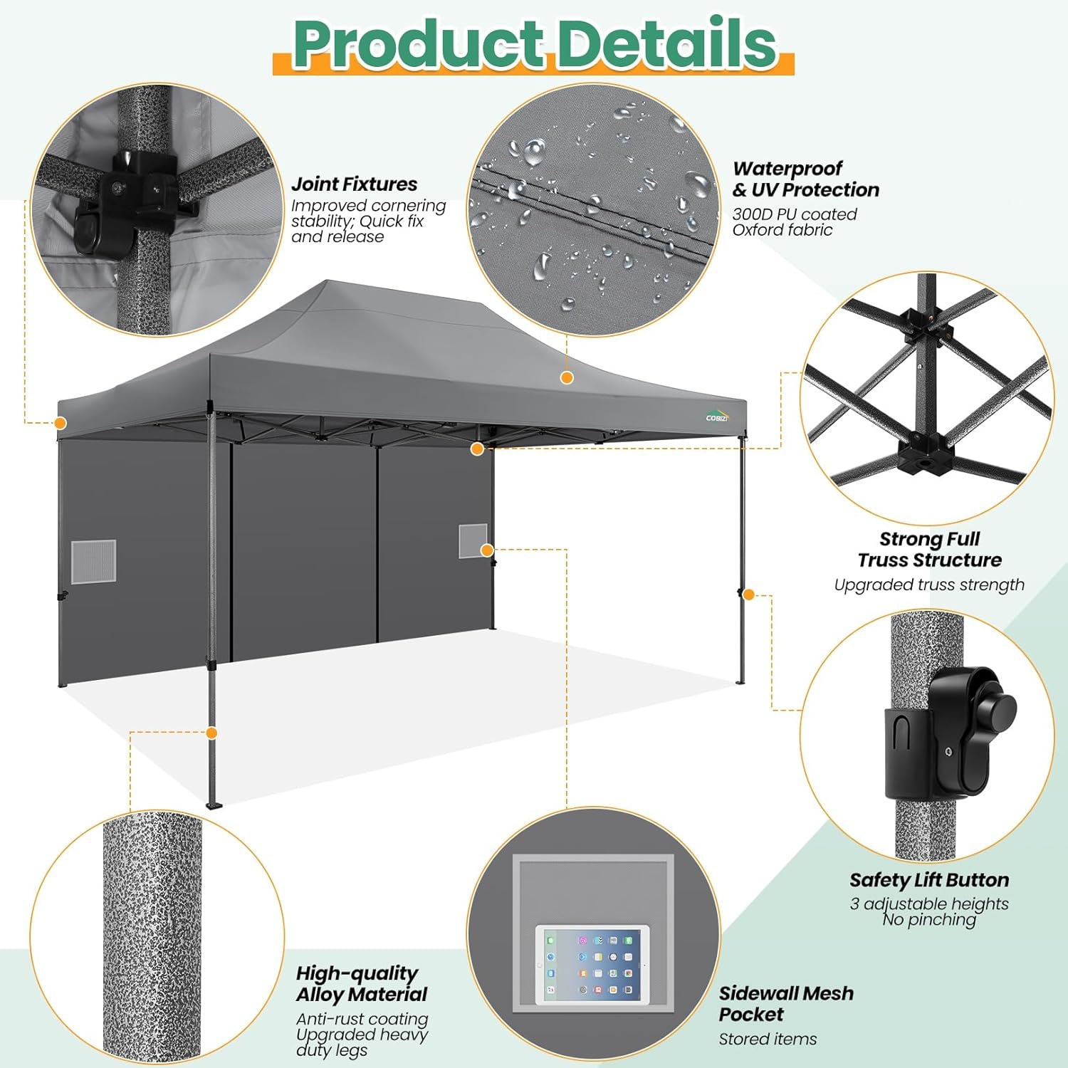 image:imageCOBIZI 66x66ft Pop Up Canopy Tent Heavy Duty Canopy Easy Set up Waterproof Outdoor Canopy Tent for Parties Beach Garden Camping with 1 Handbag 3 Adjustable Heights UPF50 Mist WhiteGray