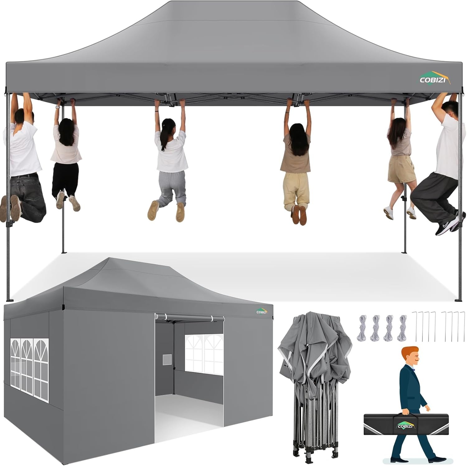 image:imageCOBIZI 66x66ft Pop Up Canopy Tent Heavy Duty Canopy Easy Set up Waterproof Outdoor Canopy Tent for Parties Beach Garden Camping with 1 Handbag 3 Adjustable Heights UPF50 Mist WhiteGray