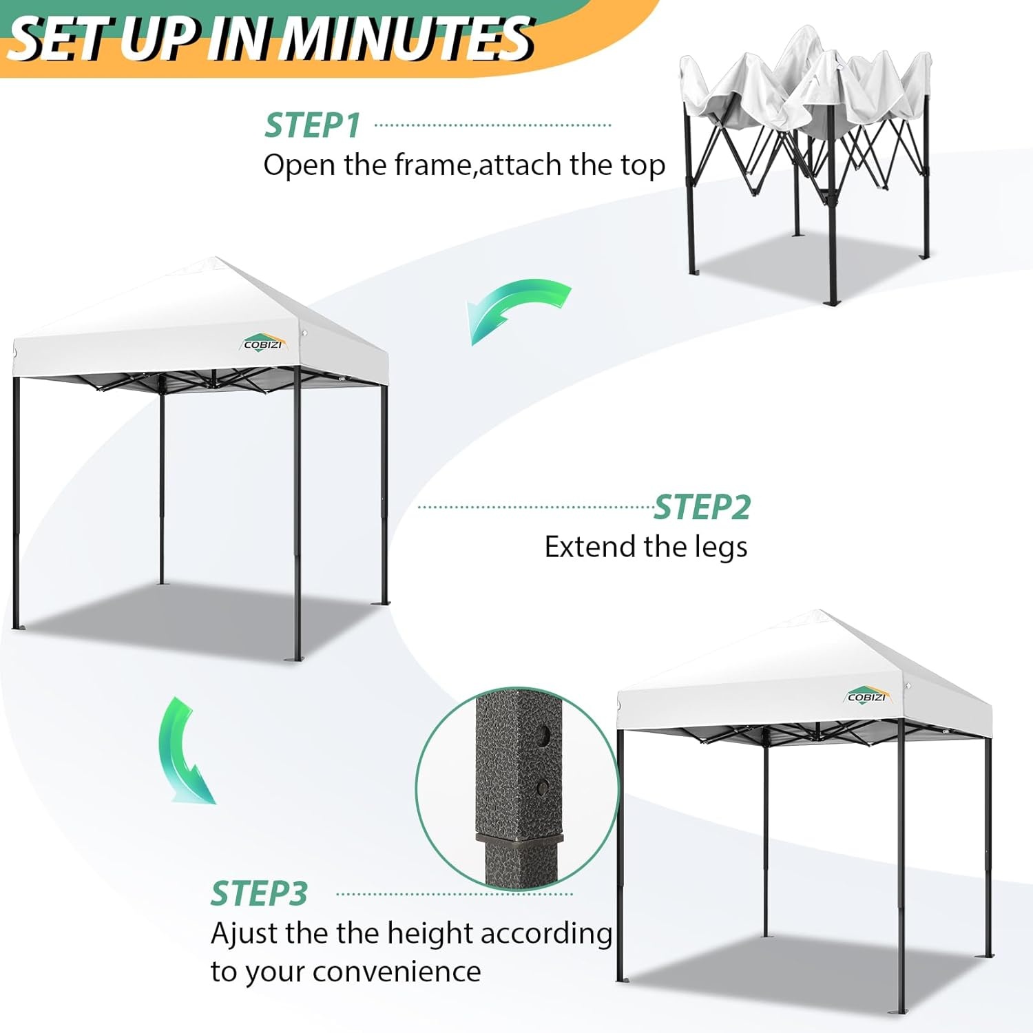 image:imageCOBIZI 66x66ft Pop Up Canopy Tent Heavy Duty Canopy Easy Set up Waterproof Outdoor Canopy Tent for Parties Beach Garden Camping with 1 Handbag 3 Adjustable Heights UPF50 Mist WhiteMist White