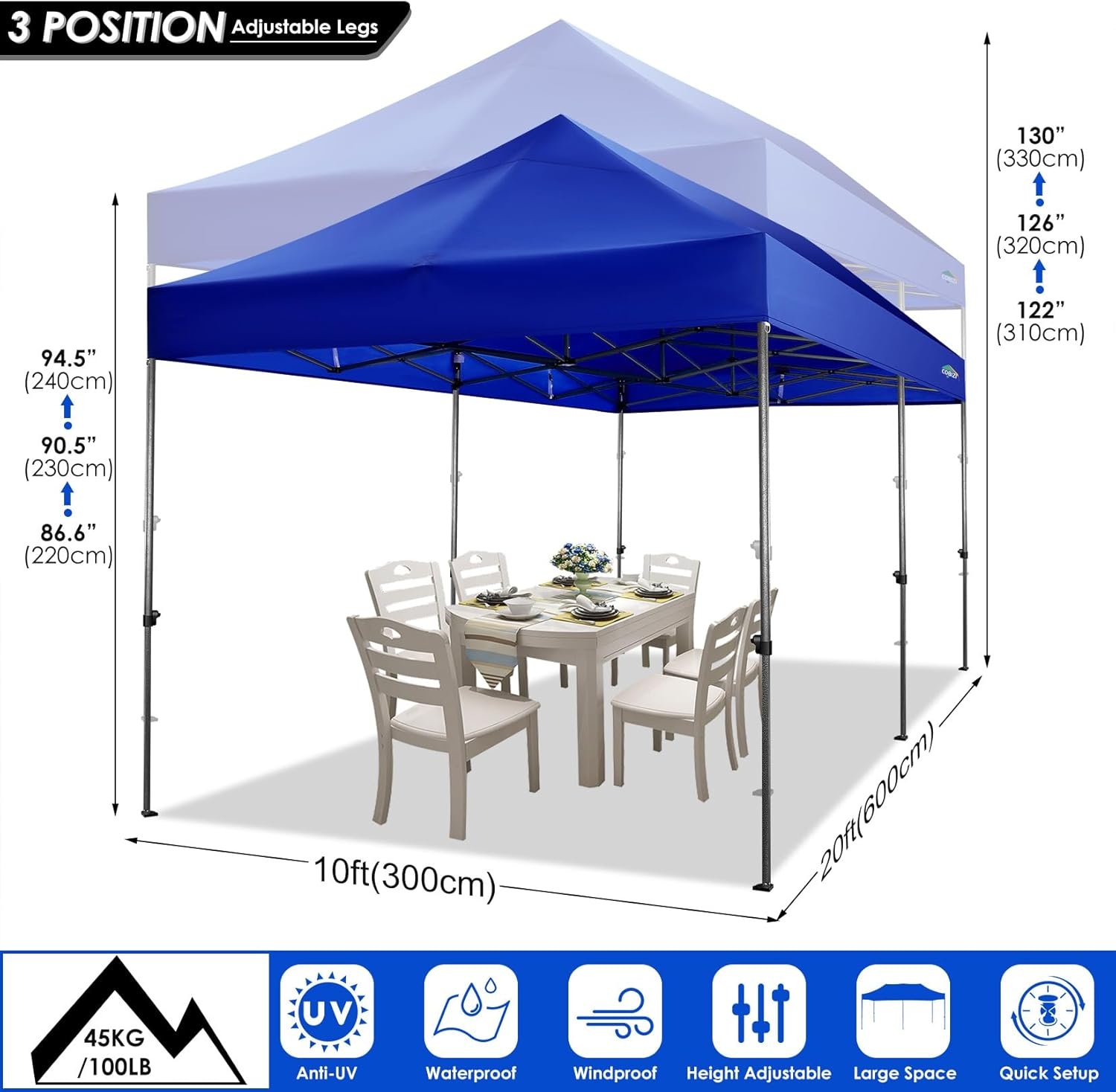 image:imageCOBIZI 66x66ft Pop Up Canopy Tent Heavy Duty Canopy Easy Set up Waterproof Outdoor Canopy Tent for Parties Beach Garden Camping with 1 Handbag 3 Adjustable Heights UPF50 Mist WhiteDark Blue