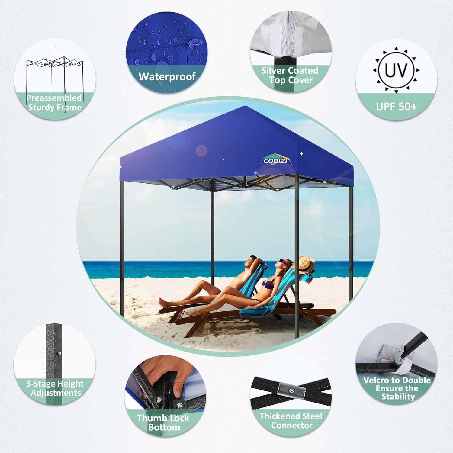 image:imageCOBIZI 66x66ft Pop Up Canopy Tent Heavy Duty Canopy Easy Set up Waterproof Outdoor Canopy Tent for Parties Beach Garden Camping with 1 Handbag 3 Adjustable Heights UPF50 Mist WhiteDark Blue
