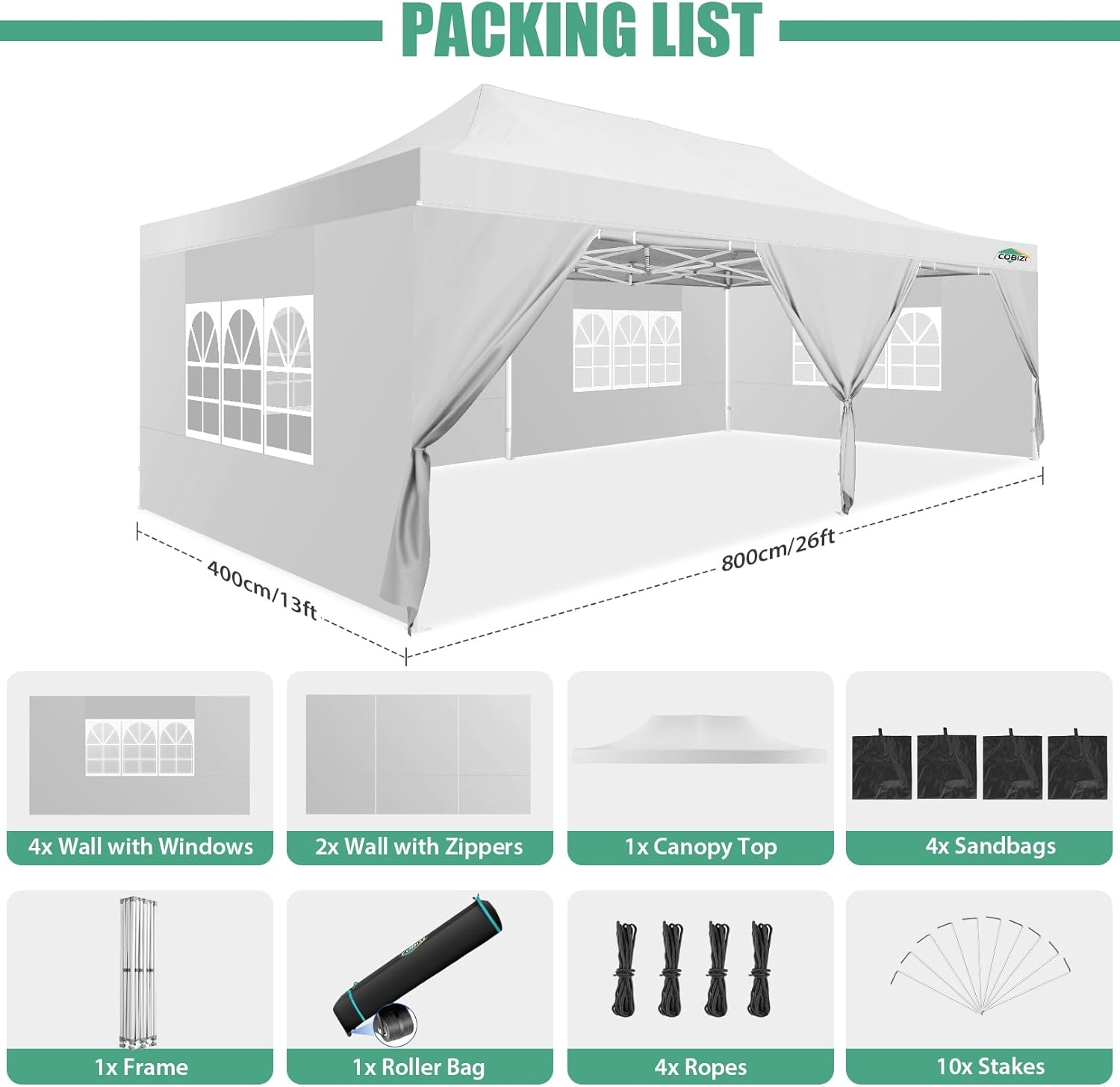 image:imageCOBIZI 66x66ft Pop Up Canopy Tent Heavy Duty Canopy Easy Set up Waterproof Outdoor Canopy Tent for Parties Beach Garden Camping with 1 Handbag 3 Adjustable Heights UPF50 Mist WhiteWhite