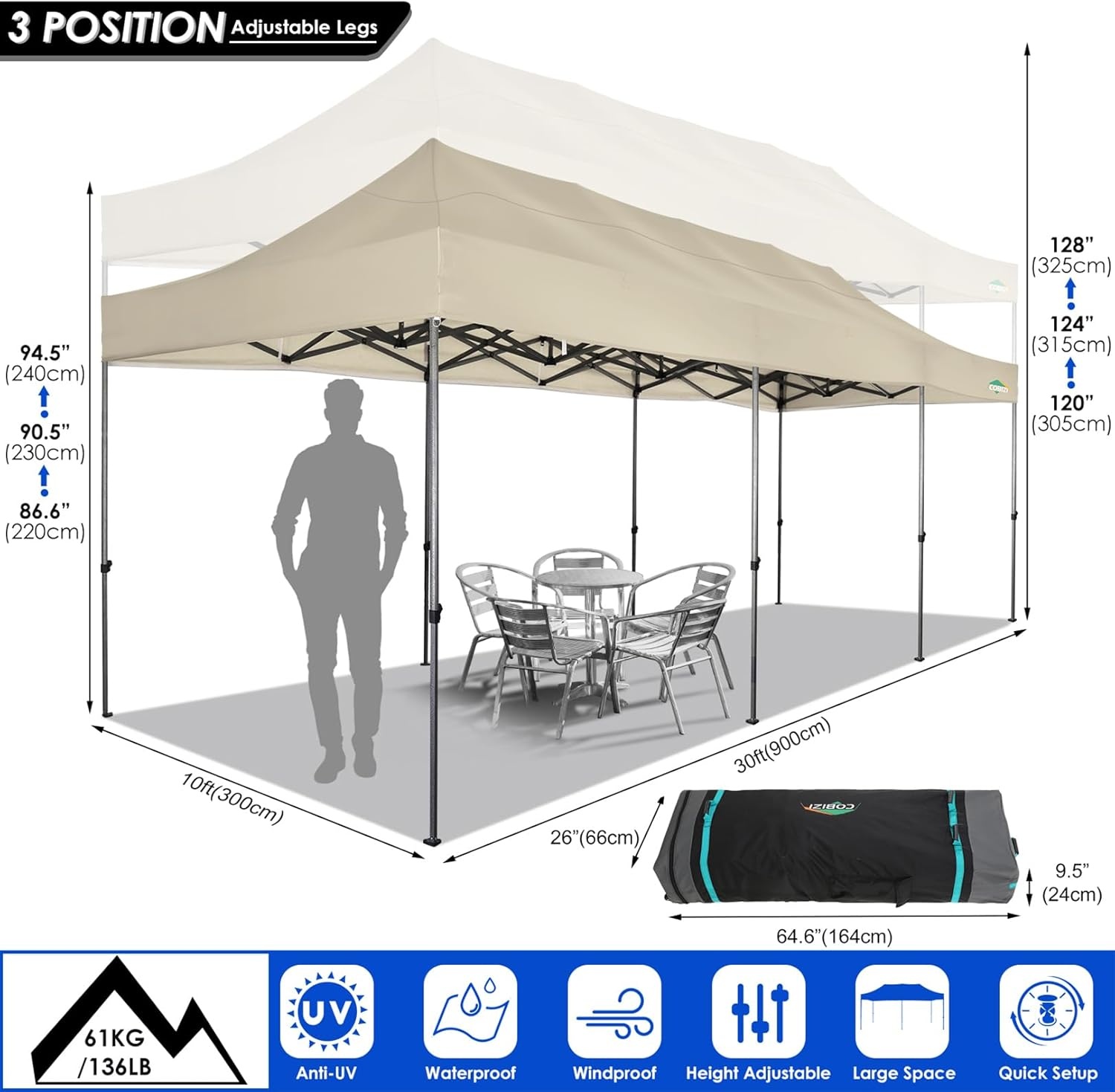 image:imageCOBIZI 66x66ft Pop Up Canopy Tent Heavy Duty Canopy Easy Set up Waterproof Outdoor Canopy Tent for Parties Beach Garden Camping with 1 Handbag 3 Adjustable Heights UPF50 Mist WhiteKhaki