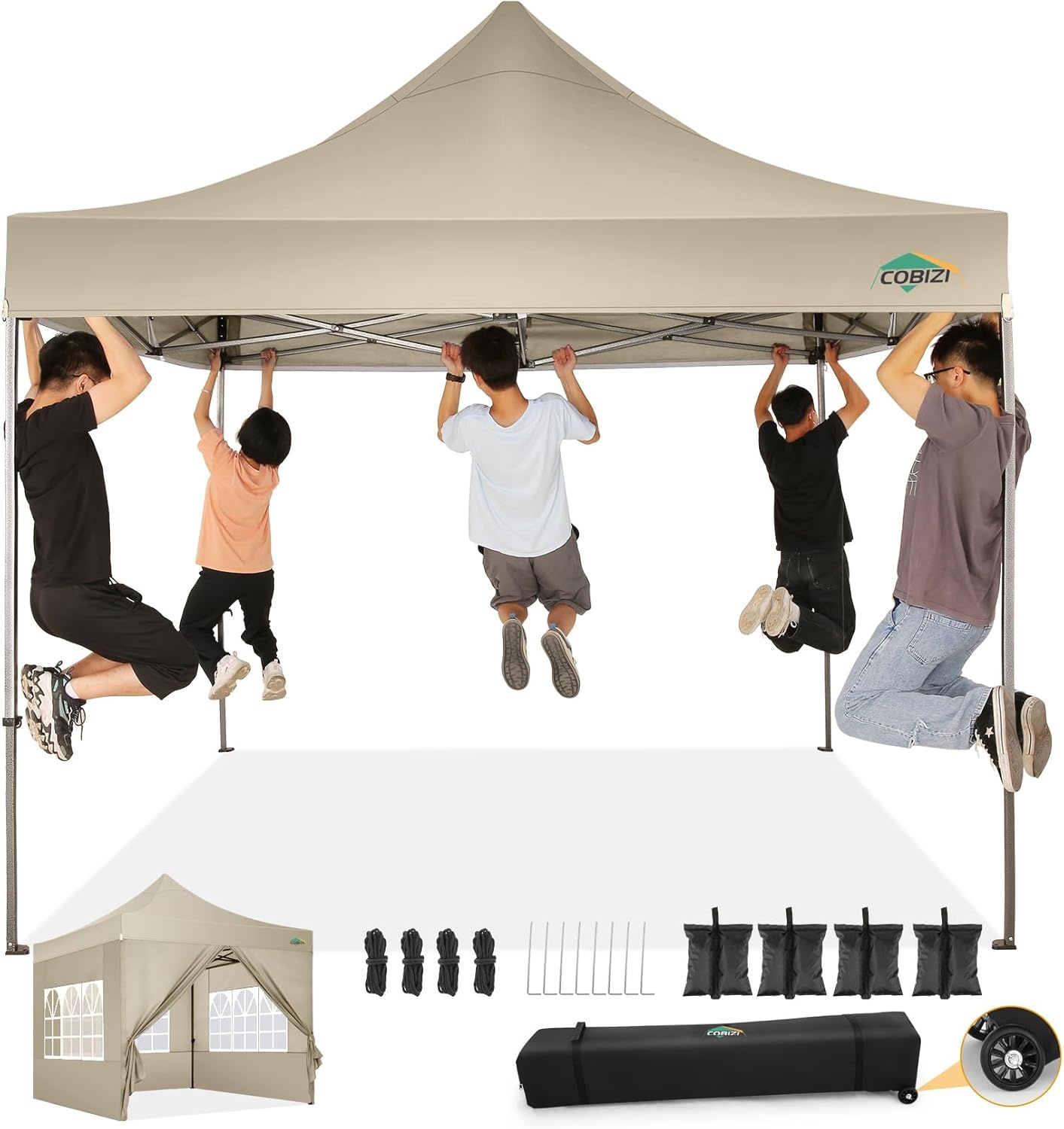 image:imageCOBIZI 66x66ft Pop Up Canopy Tent Heavy Duty Canopy Easy Set up Waterproof Outdoor Canopy Tent for Parties Beach Garden Camping with 1 Handbag 3 Adjustable Heights UPF50 Mist WhiteKhaki