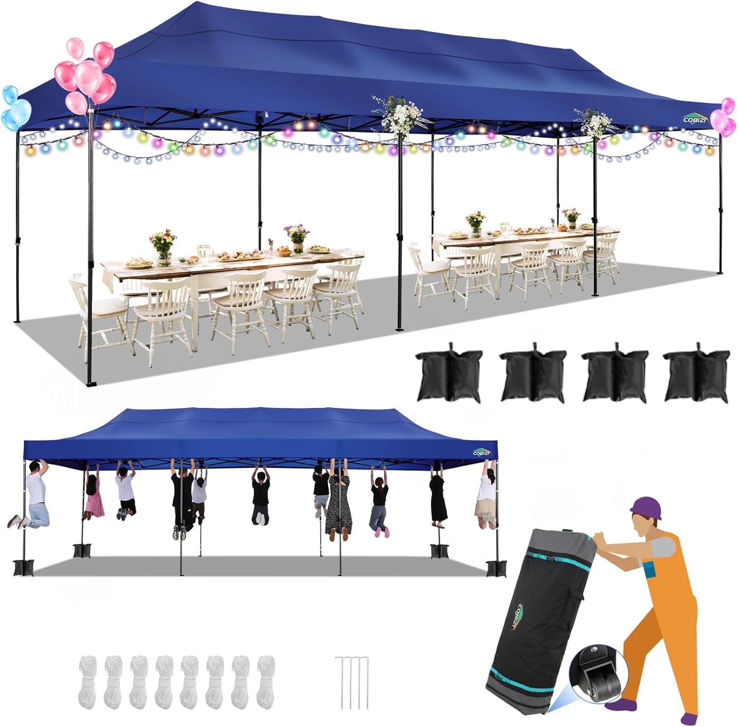 image:imageCOBIZI 66x66ft Pop Up Canopy Tent Heavy Duty Canopy Easy Set up Waterproof Outdoor Canopy Tent for Parties Beach Garden Camping with 1 Handbag 3 Adjustable Heights UPF50 Mist WhiteDark Blue