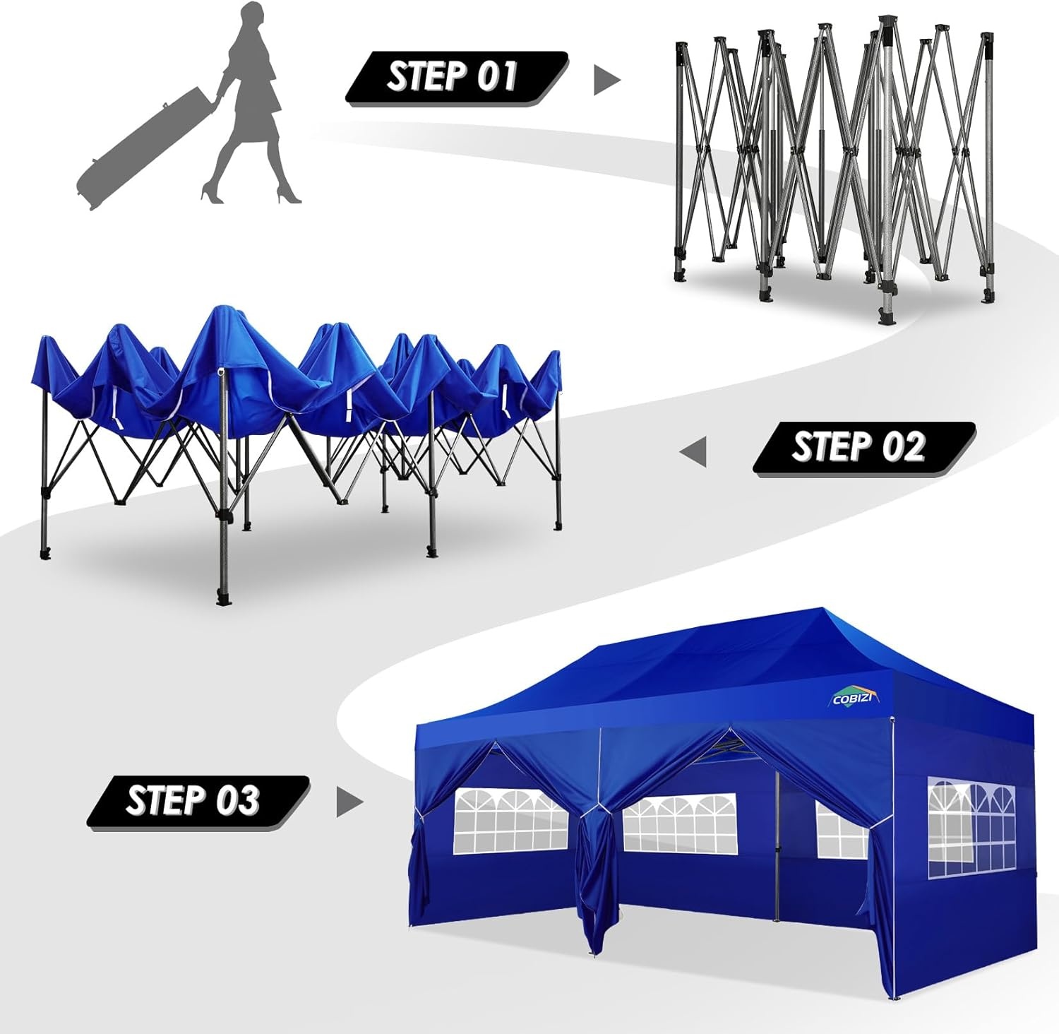 image:imageCOBIZI 66x66ft Pop Up Canopy Tent Heavy Duty Canopy Easy Set up Waterproof Outdoor Canopy Tent for Parties Beach Garden Camping with 1 Handbag 3 Adjustable Heights UPF50 Mist WhiteDark Blue