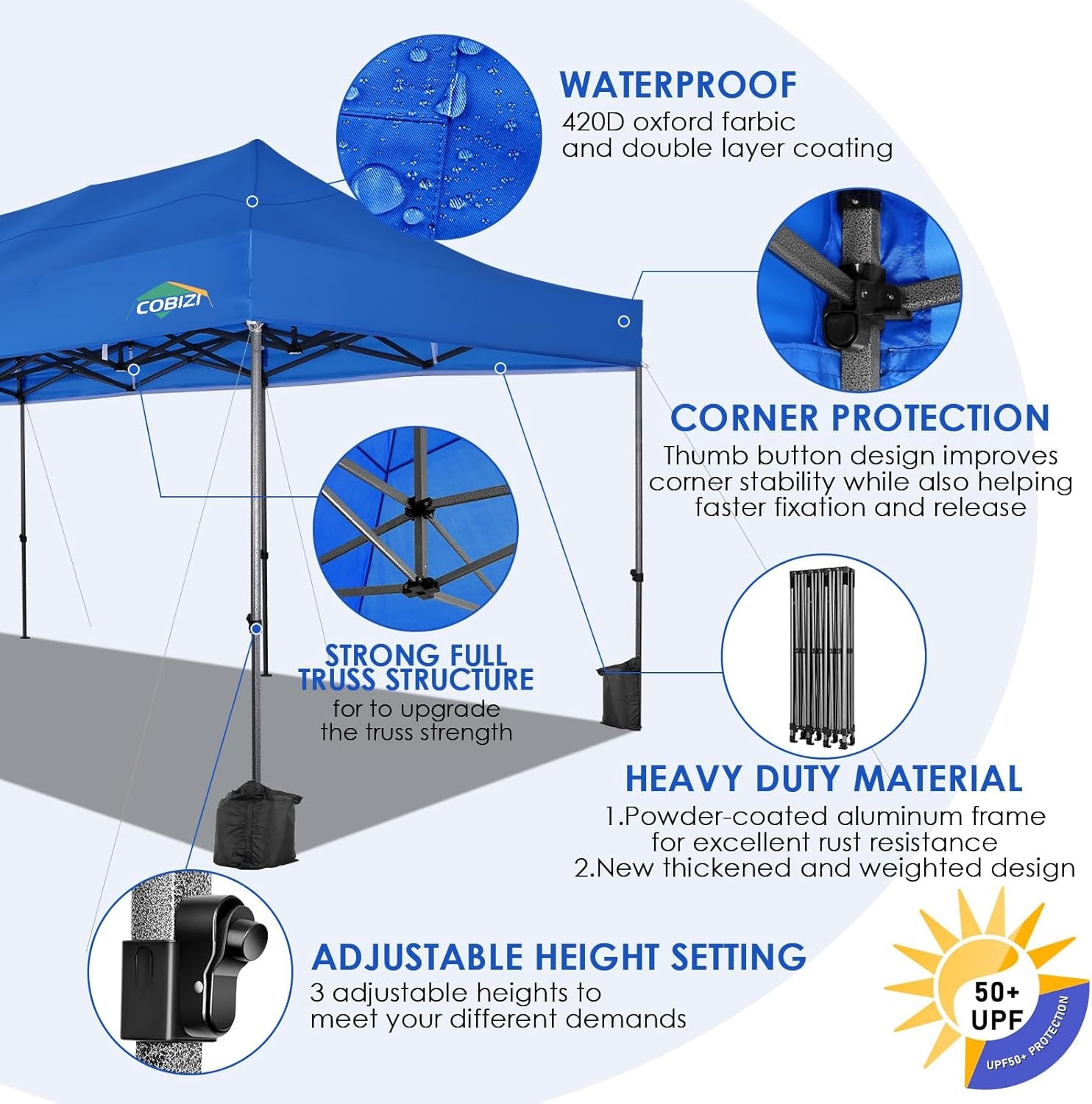 image:imageCOBIZI 66x66ft Pop Up Canopy Tent Heavy Duty Canopy Easy Set up Waterproof Outdoor Canopy Tent for Parties Beach Garden Camping with 1 Handbag 3 Adjustable Heights UPF50 Mist WhiteBlue