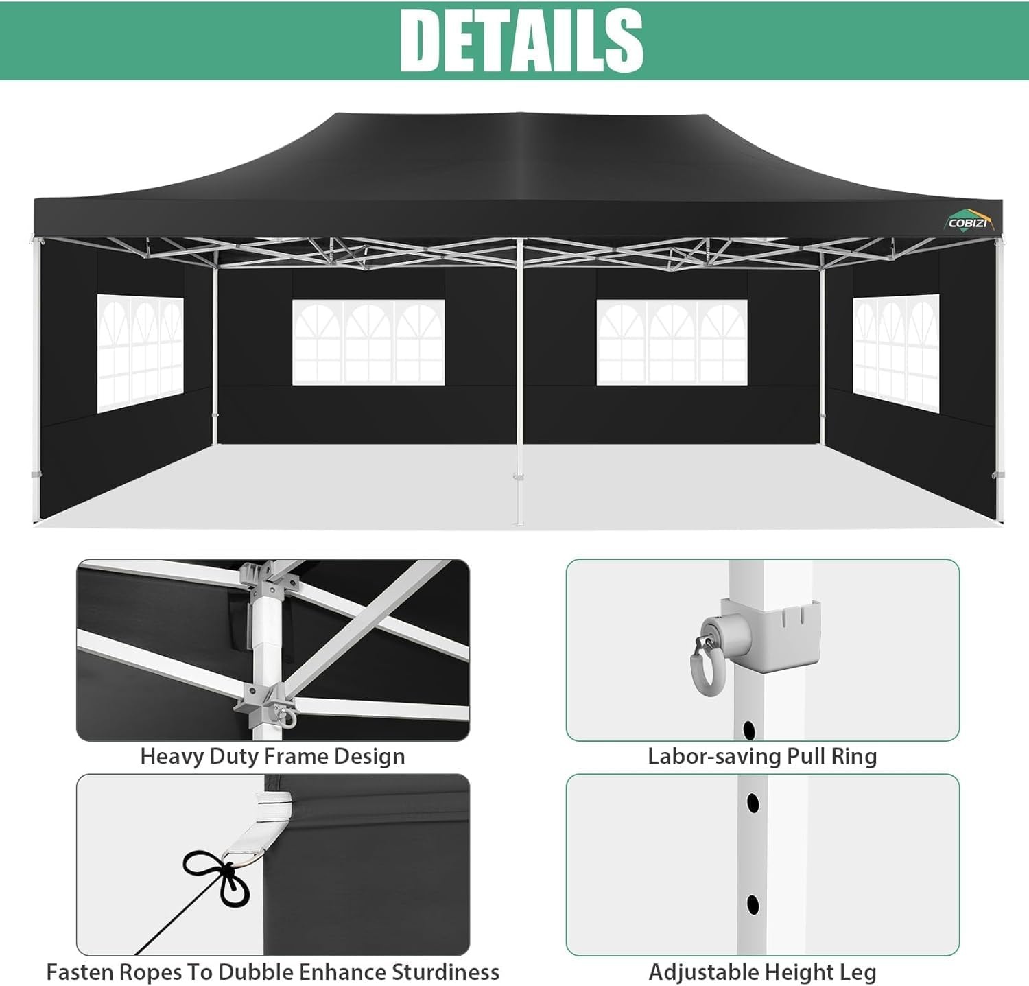 image:imageCOBIZI 66x66ft Pop Up Canopy Tent Heavy Duty Canopy Easy Set up Waterproof Outdoor Canopy Tent for Parties Beach Garden Camping with 1 Handbag 3 Adjustable Heights UPF50 Mist WhiteBlack
