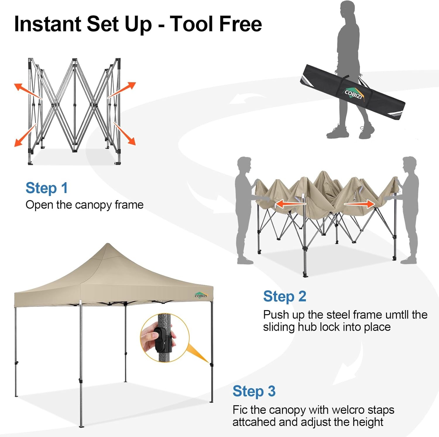 image:imageCOBIZI 66x66ft Pop Up Canopy Tent Heavy Duty Canopy Easy Set up Waterproof Outdoor Canopy Tent for Parties Beach Garden Camping with 1 Handbag 3 Adjustable Heights UPF50 Mist WhiteKhaki