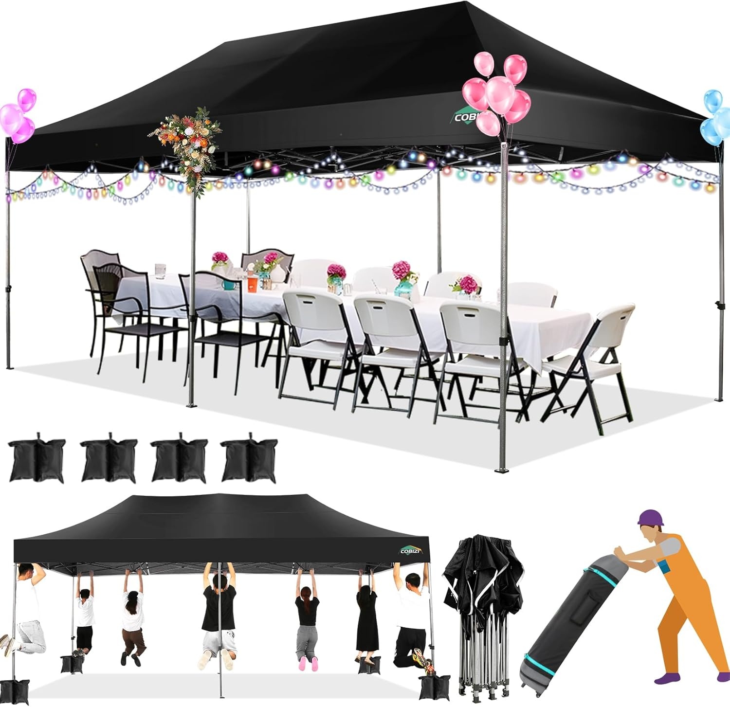 image:imageCOBIZI 66x66ft Pop Up Canopy Tent Heavy Duty Canopy Easy Set up Waterproof Outdoor Canopy Tent for Parties Beach Garden Camping with 1 Handbag 3 Adjustable Heights UPF50 Mist WhiteBlack