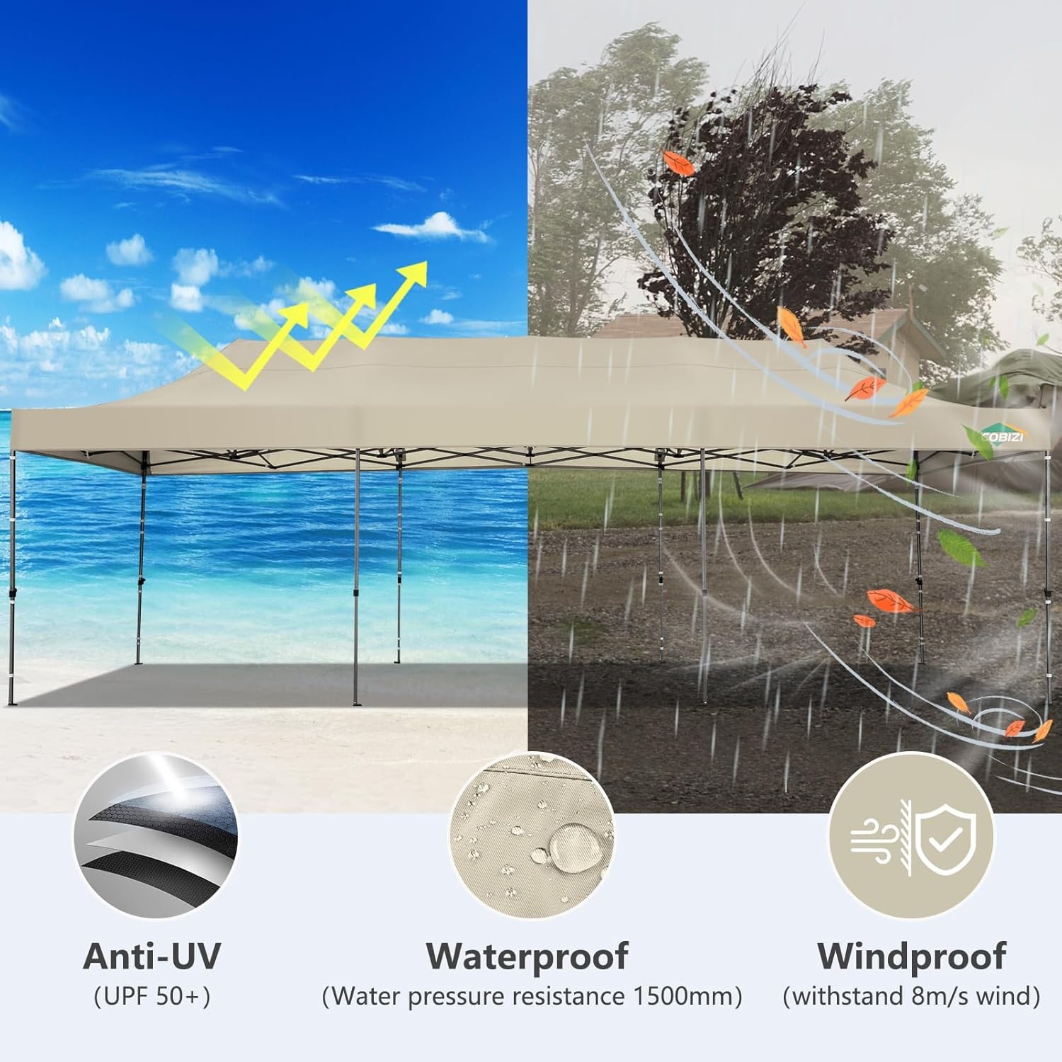 image:imageCOBIZI 66x66ft Pop Up Canopy Tent Heavy Duty Canopy Easy Set up Waterproof Outdoor Canopy Tent for Parties Beach Garden Camping with 1 Handbag 3 Adjustable Heights UPF50 Mist WhiteBeige