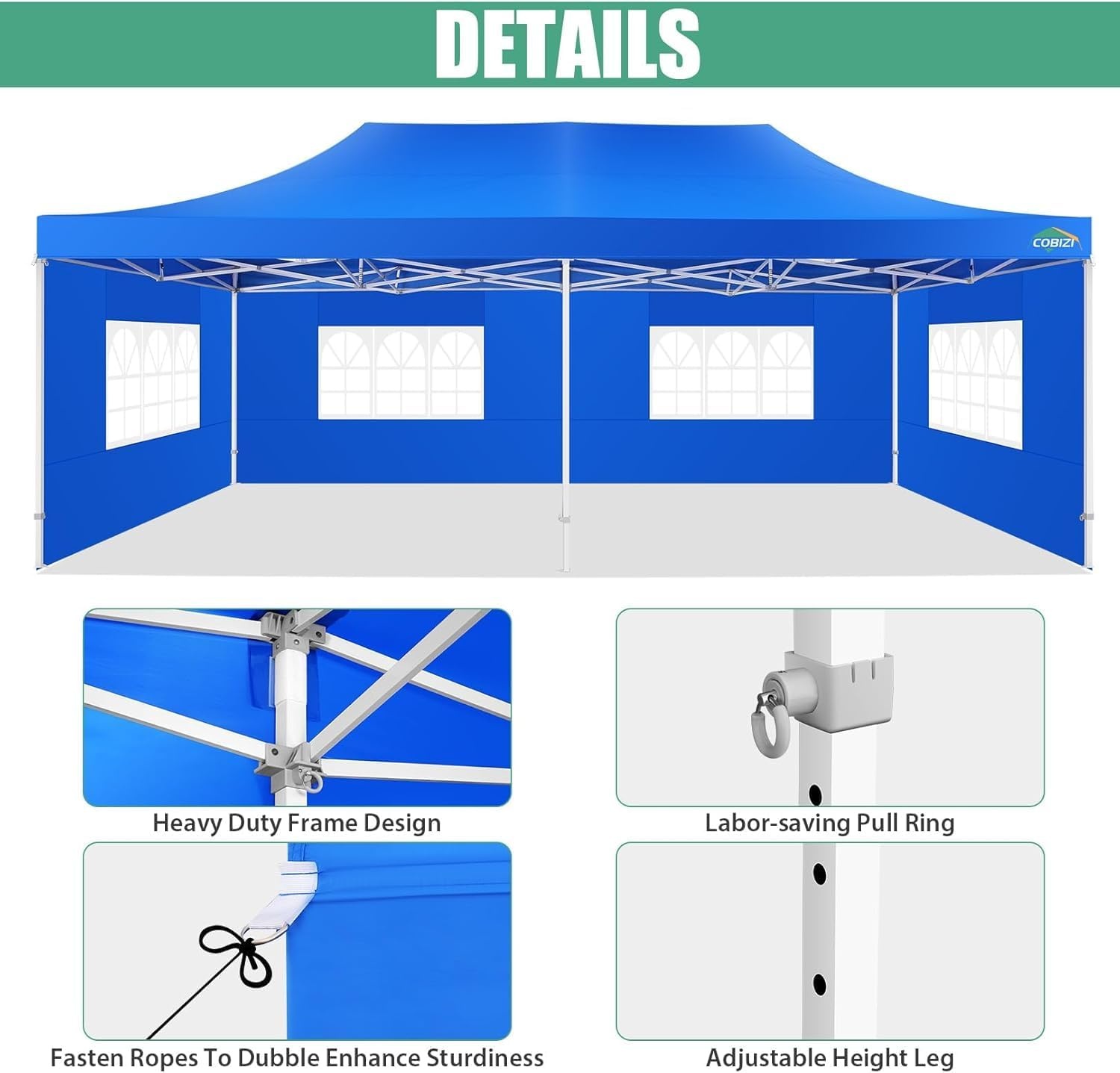 image:imageCOBIZI 66x66ft Pop Up Canopy Tent Heavy Duty Canopy Easy Set up Waterproof Outdoor Canopy Tent for Parties Beach Garden Camping with 1 Handbag 3 Adjustable Heights UPF50 Mist WhiteBlue
