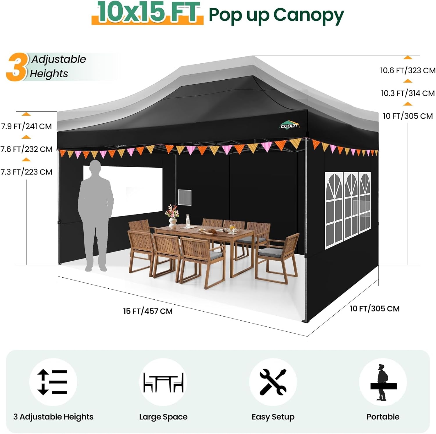 image:imageCOBIZI 66x66ft Pop Up Canopy Tent Heavy Duty Canopy Easy Set up Waterproof Outdoor Canopy Tent for Parties Beach Garden Camping with 1 Handbag 3 Adjustable Heights UPF50 Mist WhiteBlack