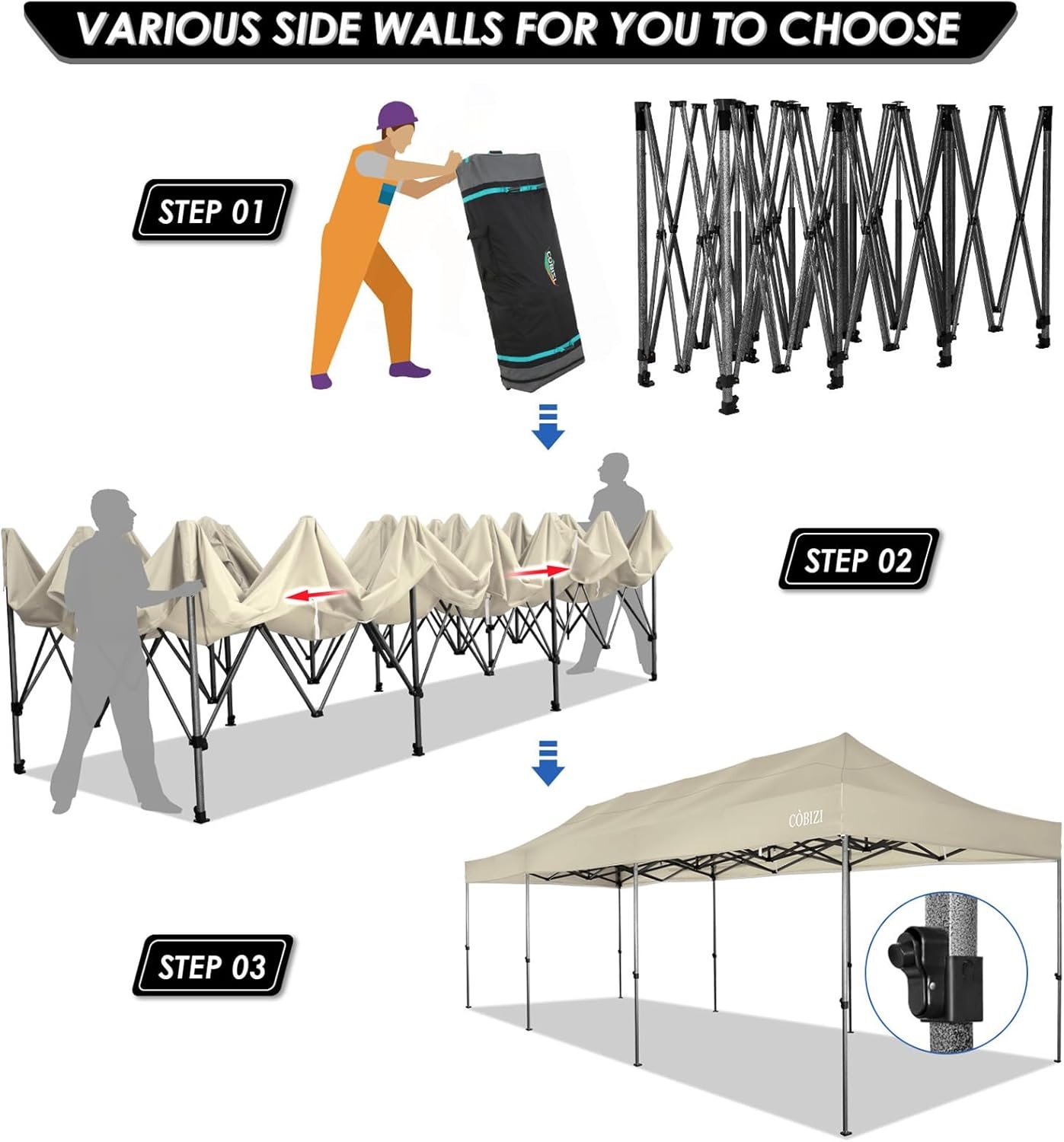 image:imageCOBIZI 66x66ft Pop Up Canopy Tent Heavy Duty Canopy Easy Set up Waterproof Outdoor Canopy Tent for Parties Beach Garden Camping with 1 Handbag 3 Adjustable Heights UPF50 Mist WhiteBeige
