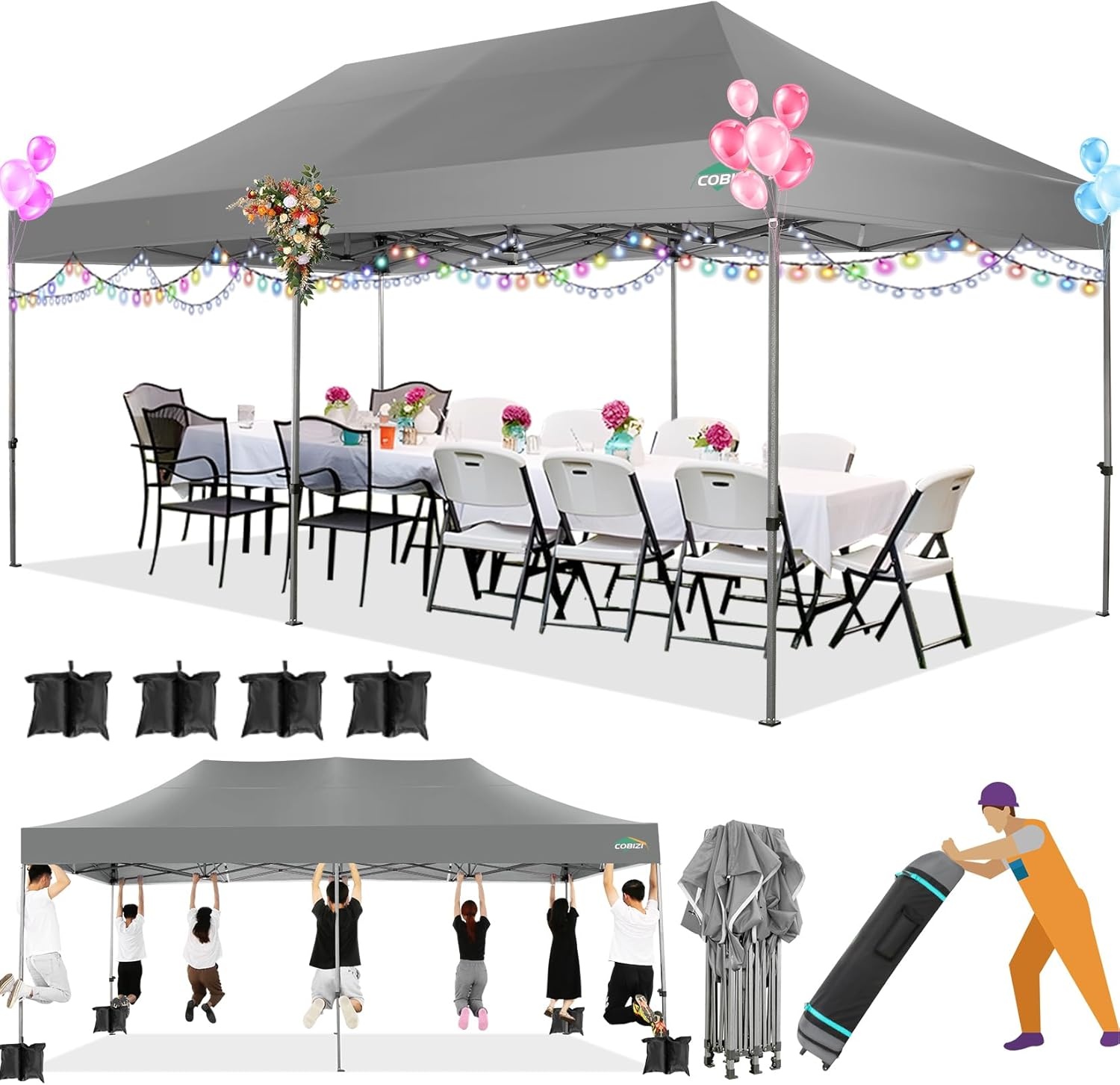 image:imageCOBIZI 66x66ft Pop Up Canopy Tent Heavy Duty Canopy Easy Set up Waterproof Outdoor Canopy Tent for Parties Beach Garden Camping with 1 Handbag 3 Adjustable Heights UPF50 Mist WhiteGray