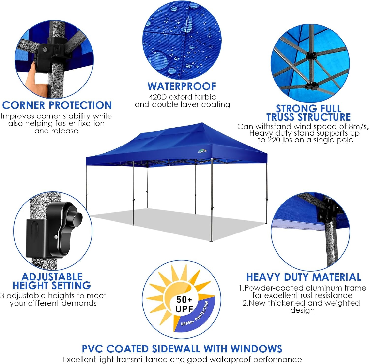 image:imageCOBIZI 66x66ft Pop Up Canopy Tent Heavy Duty Canopy Easy Set up Waterproof Outdoor Canopy Tent for Parties Beach Garden Camping with 1 Handbag 3 Adjustable Heights UPF50 Mist WhiteDark Blue