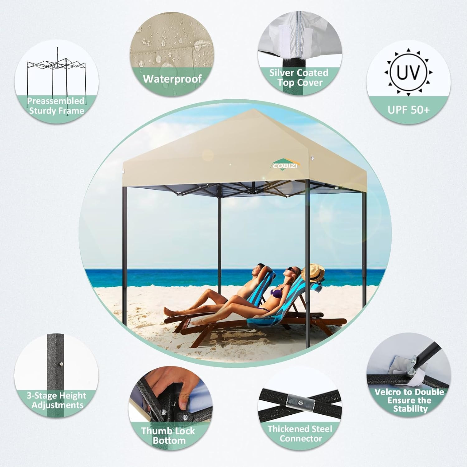 image:imageCOBIZI 66x66ft Pop Up Canopy Tent Heavy Duty Canopy Easy Set up Waterproof Outdoor Canopy Tent for Parties Beach Garden Camping with 1 Handbag 3 Adjustable Heights UPF50 Mist WhiteKhaki