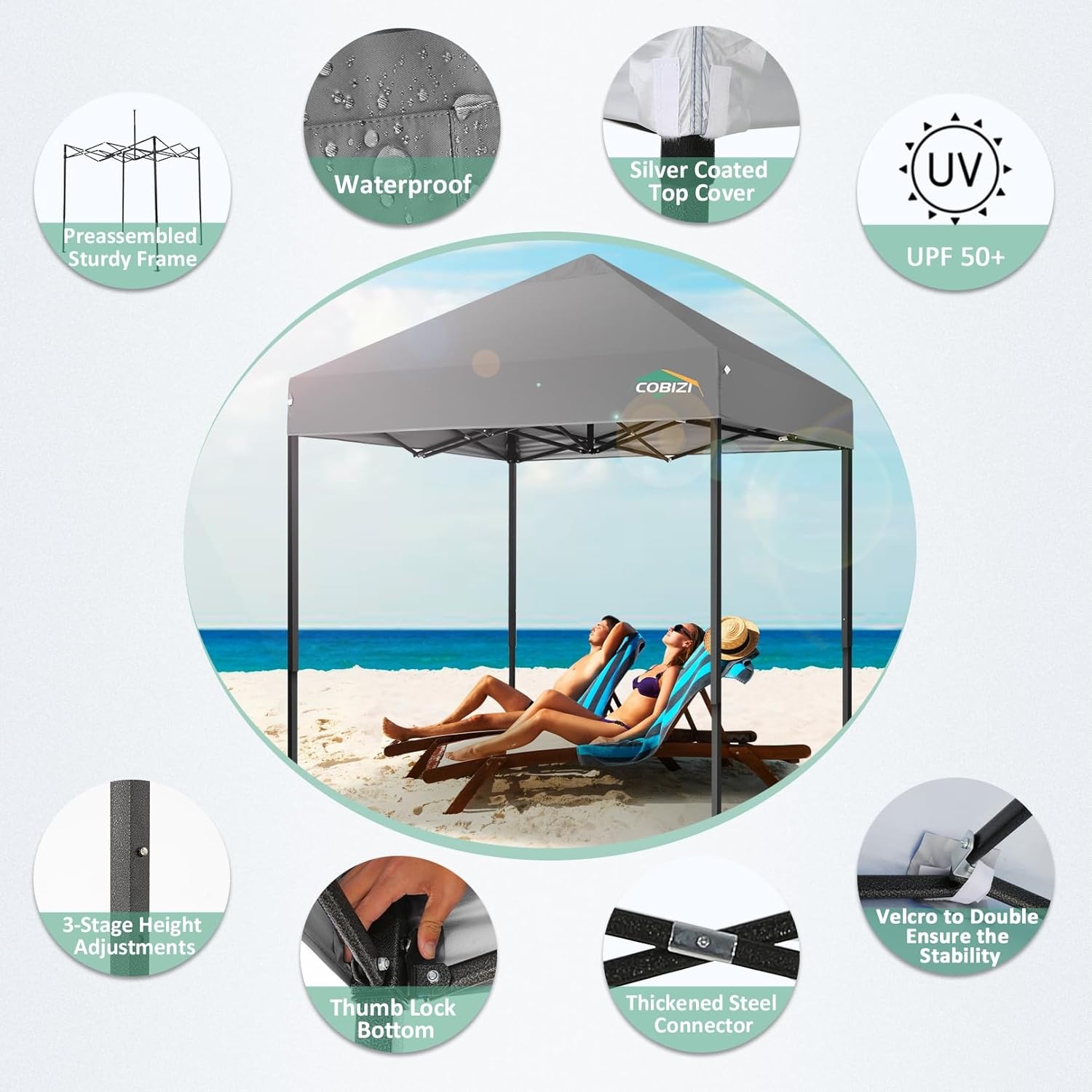 image:imageCOBIZI 66x66ft Pop Up Canopy Tent Heavy Duty Canopy Easy Set up Waterproof Outdoor Canopy Tent for Parties Beach Garden Camping with 1 Handbag 3 Adjustable Heights UPF50 Mist WhiteGray