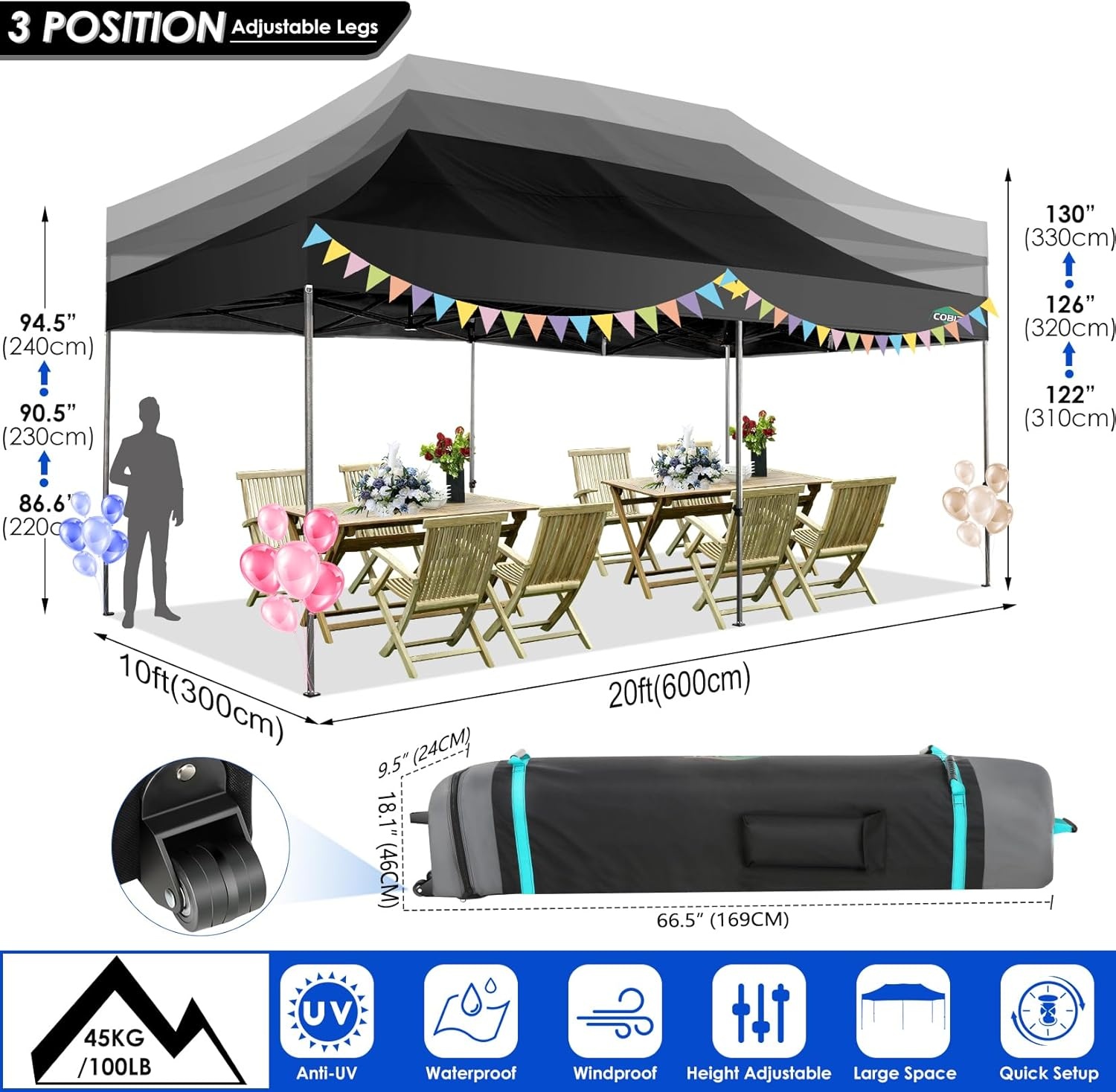 image:imageCOBIZI 66x66ft Pop Up Canopy Tent Heavy Duty Canopy Easy Set up Waterproof Outdoor Canopy Tent for Parties Beach Garden Camping with 1 Handbag 3 Adjustable Heights UPF50 Mist WhiteBlack
