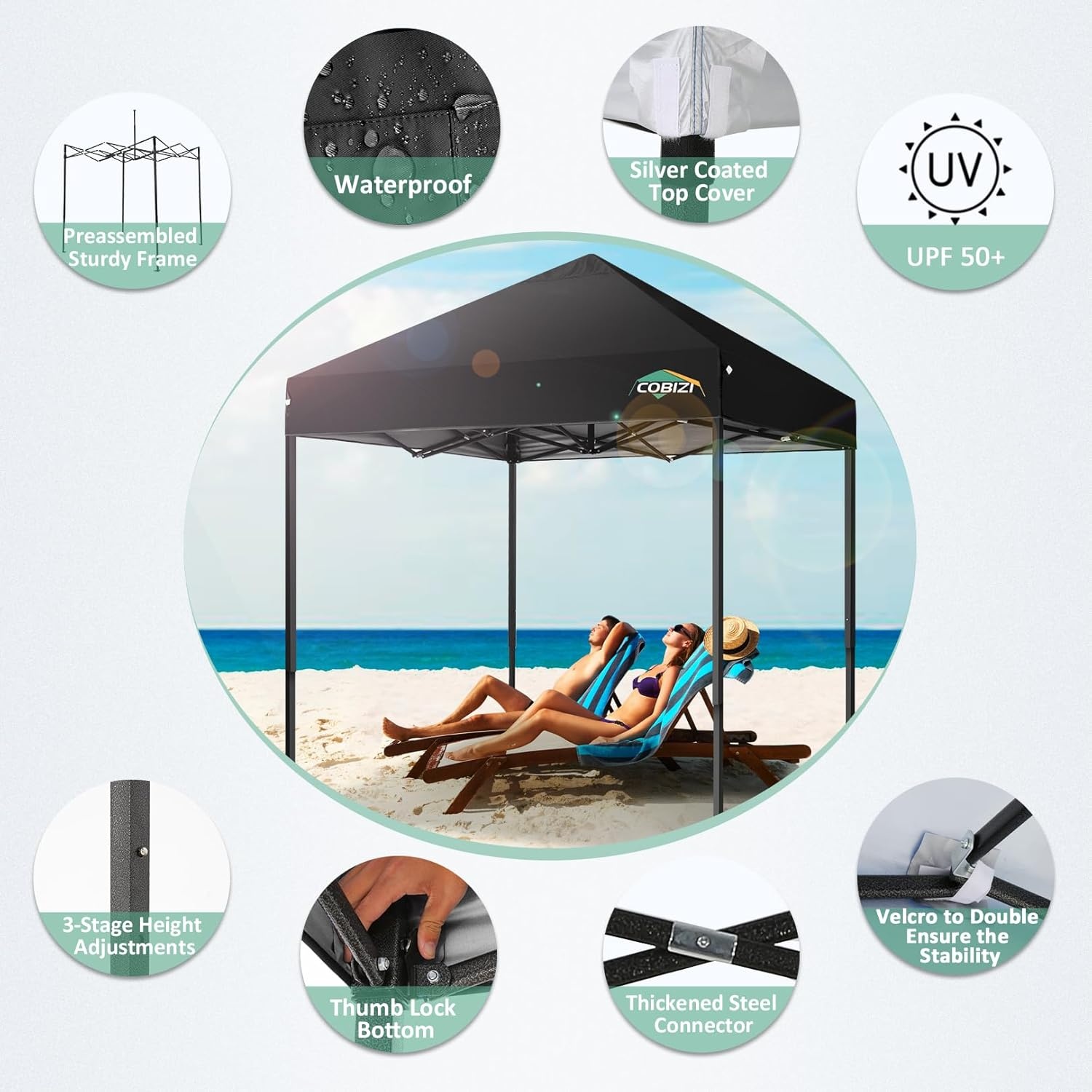 image:imageCOBIZI 66x66ft Pop Up Canopy Tent Heavy Duty Canopy Easy Set up Waterproof Outdoor Canopy Tent for Parties Beach Garden Camping with 1 Handbag 3 Adjustable Heights UPF50 Mist WhiteCoffee Black