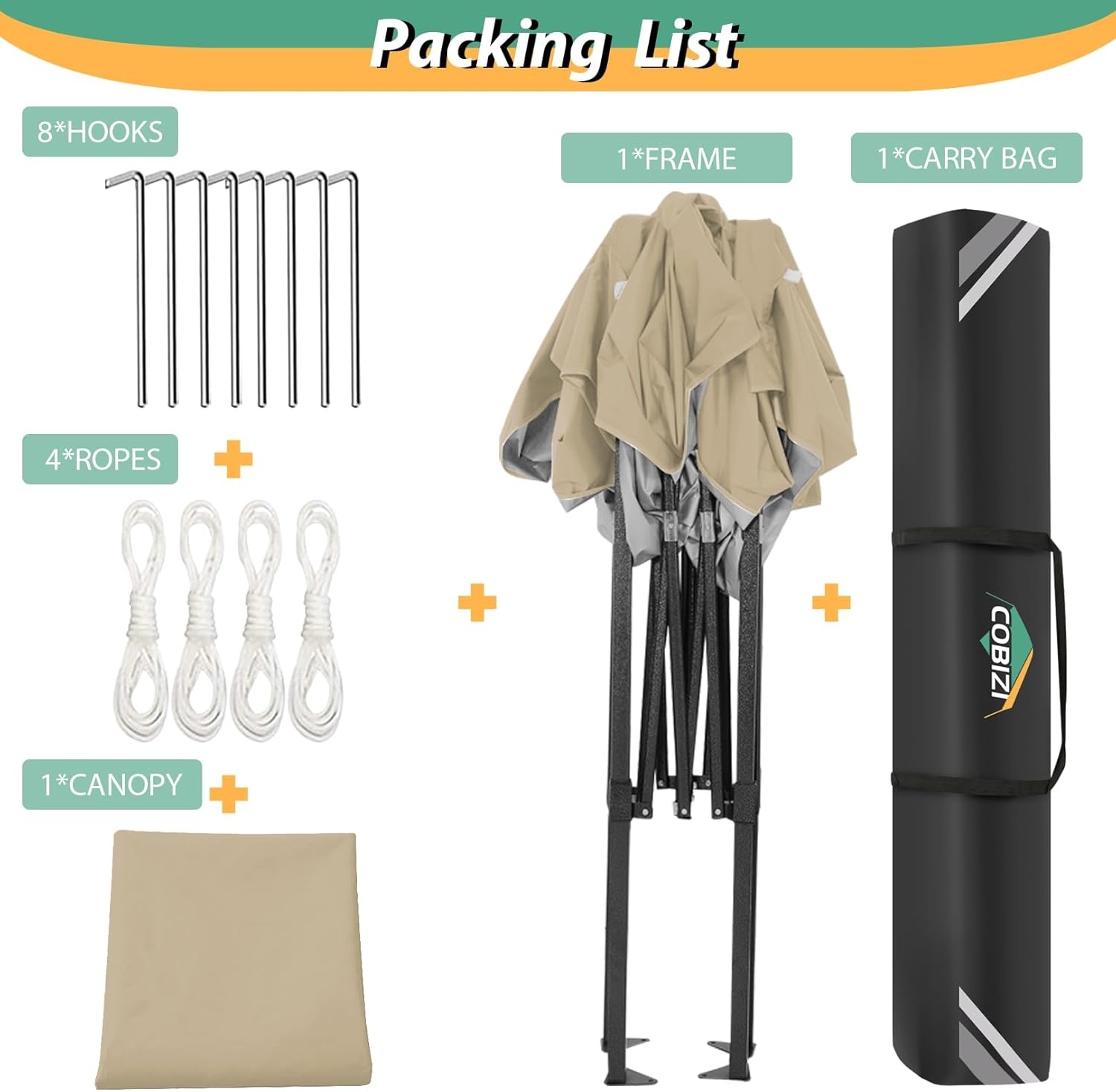 image:imageCOBIZI 66x66ft Pop Up Canopy Tent Heavy Duty Canopy Easy Set up Waterproof Outdoor Canopy Tent for Parties Beach Garden Camping with 1 Handbag 3 Adjustable Heights UPF50 Mist WhiteKhaki