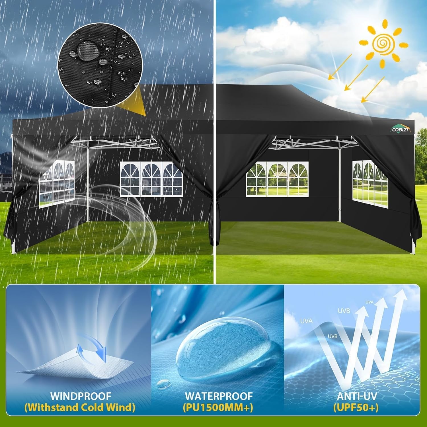 image:imageCOBIZI 66x66ft Pop Up Canopy Tent Heavy Duty Canopy Easy Set up Waterproof Outdoor Canopy Tent for Parties Beach Garden Camping with 1 Handbag 3 Adjustable Heights UPF50 Mist WhiteBlack