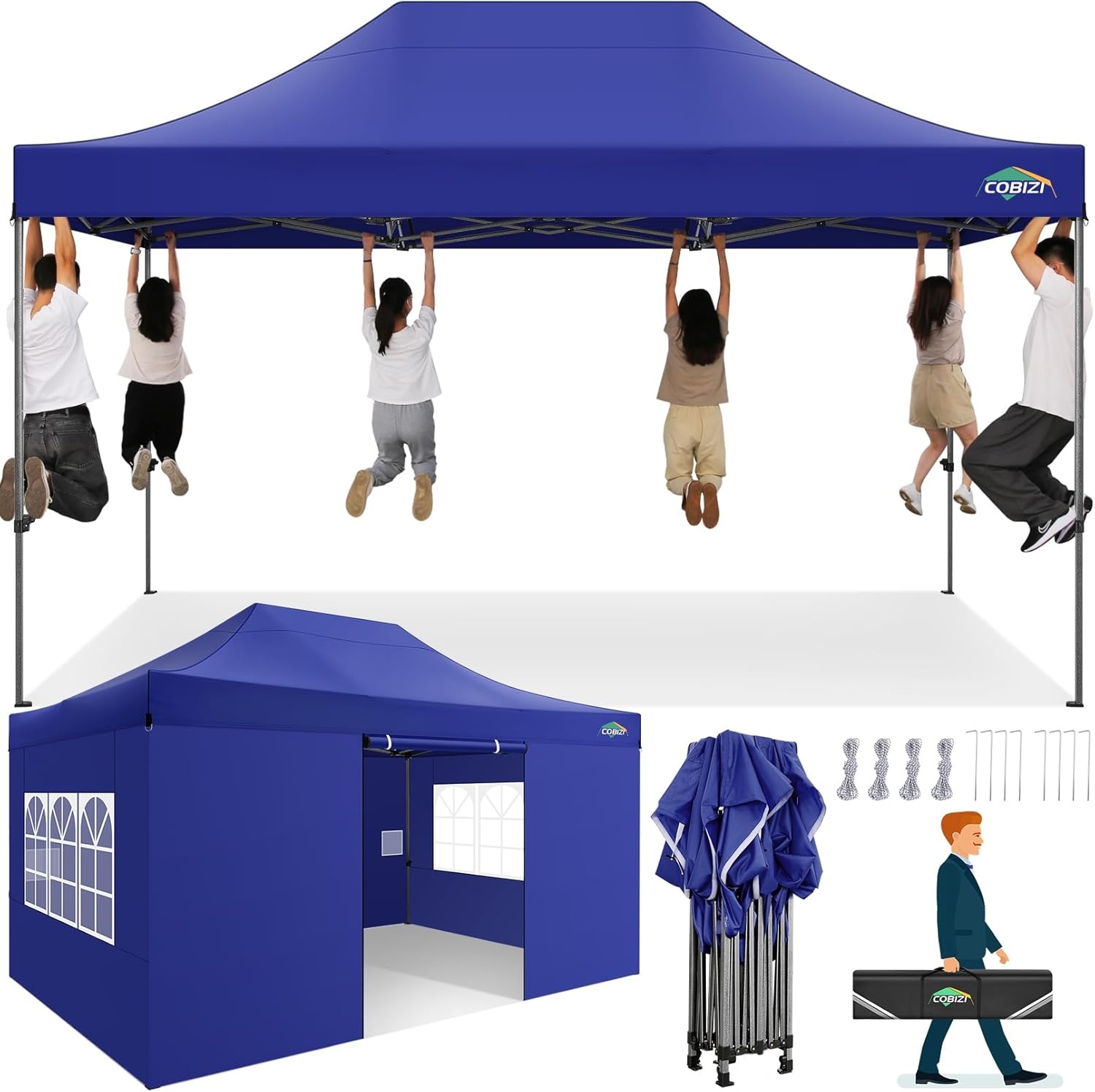 image:imageCOBIZI 66x66ft Pop Up Canopy Tent Heavy Duty Canopy Easy Set up Waterproof Outdoor Canopy Tent for Parties Beach Garden Camping with 1 Handbag 3 Adjustable Heights UPF50 Mist WhiteDark Blue
