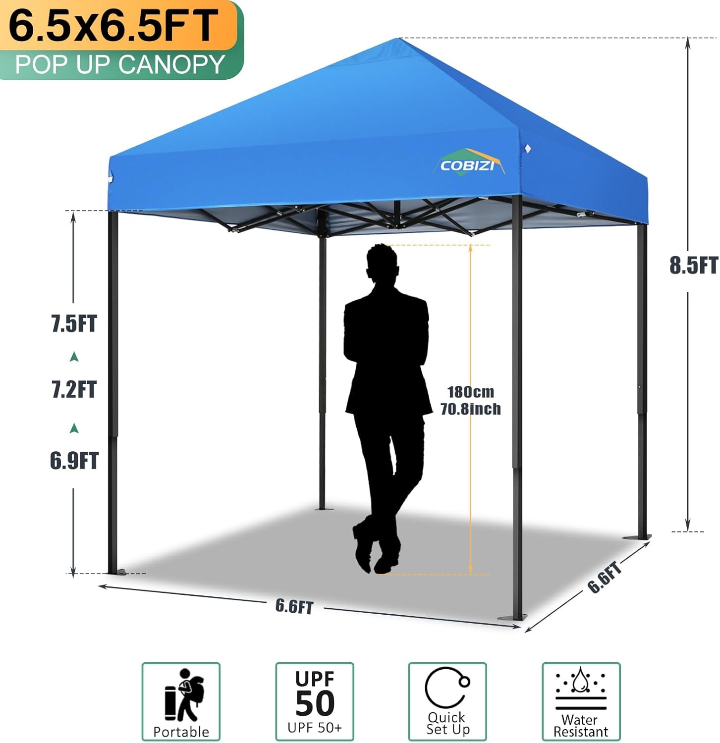 image:imageCOBIZI 66x66ft Pop Up Canopy Tent Heavy Duty Canopy Easy Set up Waterproof Outdoor Canopy Tent for Parties Beach Garden Camping with 1 Handbag 3 Adjustable Heights UPF50 Mist WhiteNavy Blue