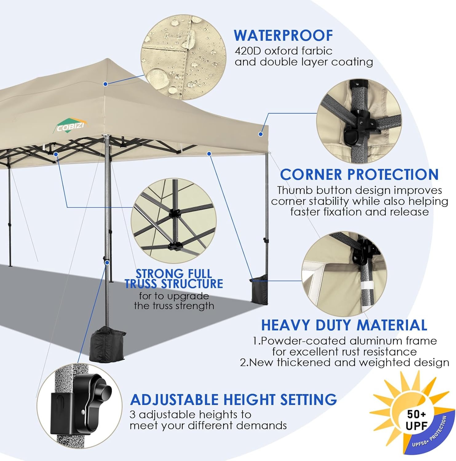 image:imageCOBIZI 66x66ft Pop Up Canopy Tent Heavy Duty Canopy Easy Set up Waterproof Outdoor Canopy Tent for Parties Beach Garden Camping with 1 Handbag 3 Adjustable Heights UPF50 Mist WhiteKhaki