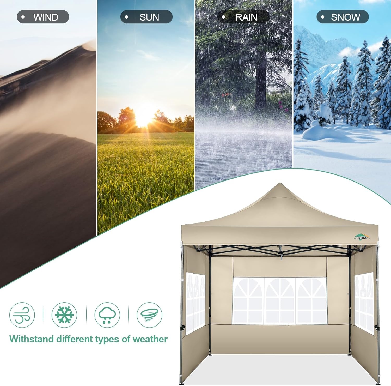 image:imageCOBIZI 66x66ft Pop Up Canopy Tent Heavy Duty Canopy Easy Set up Waterproof Outdoor Canopy Tent for Parties Beach Garden Camping with 1 Handbag 3 Adjustable Heights UPF50 Mist WhiteKhaki