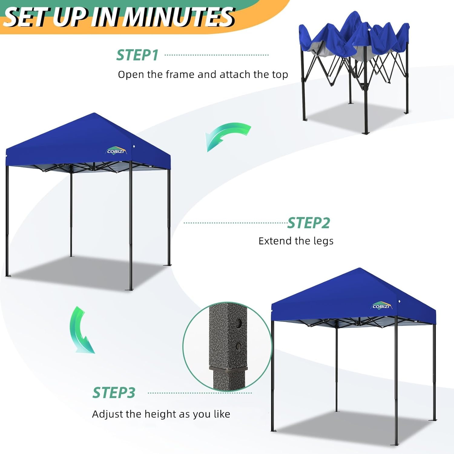 image:imageCOBIZI 66x66ft Pop Up Canopy Tent Heavy Duty Canopy Easy Set up Waterproof Outdoor Canopy Tent for Parties Beach Garden Camping with 1 Handbag 3 Adjustable Heights UPF50 Mist WhiteDark Blue