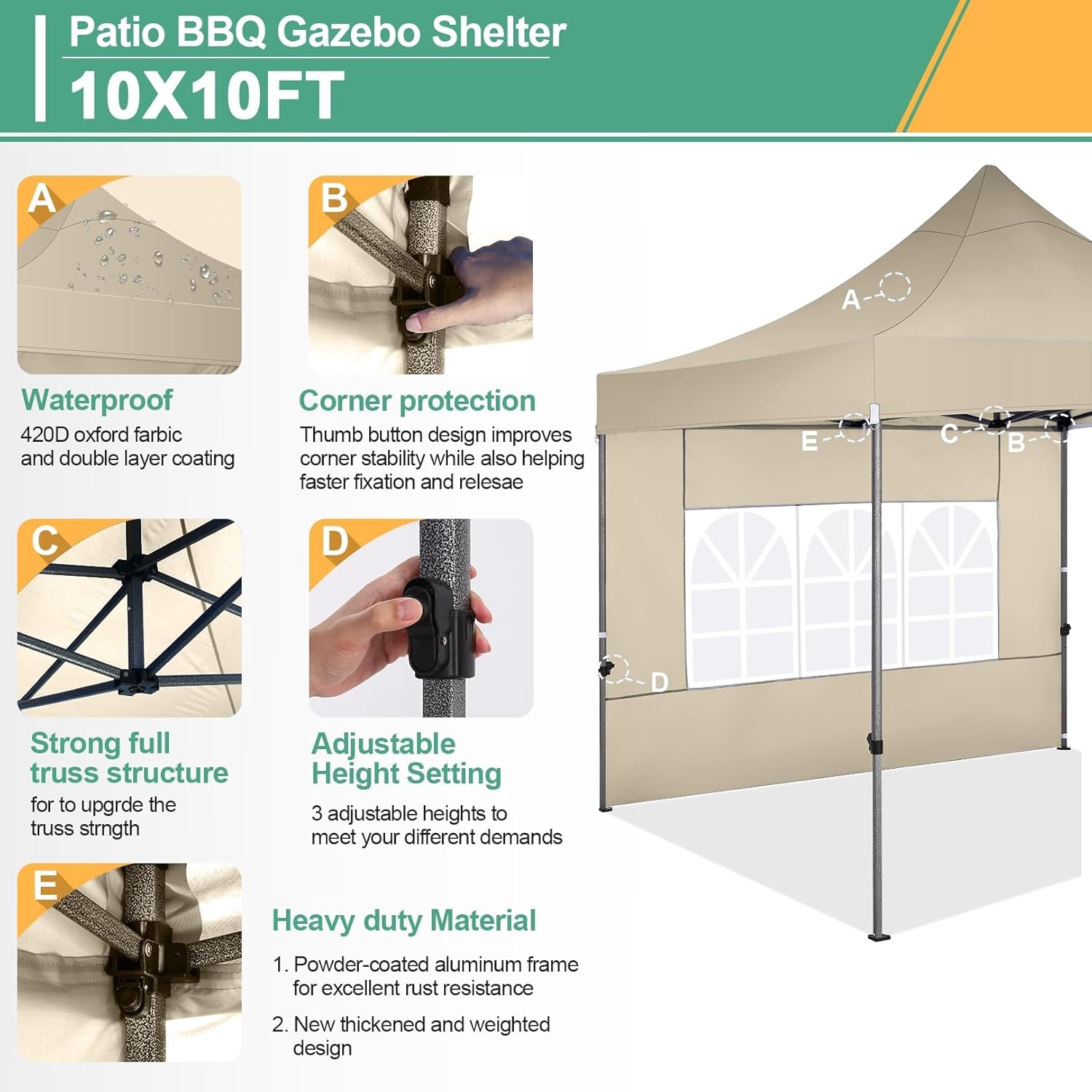 image:imageCOBIZI 66x66ft Pop Up Canopy Tent Heavy Duty Canopy Easy Set up Waterproof Outdoor Canopy Tent for Parties Beach Garden Camping with 1 Handbag 3 Adjustable Heights UPF50 Mist WhiteKhaki