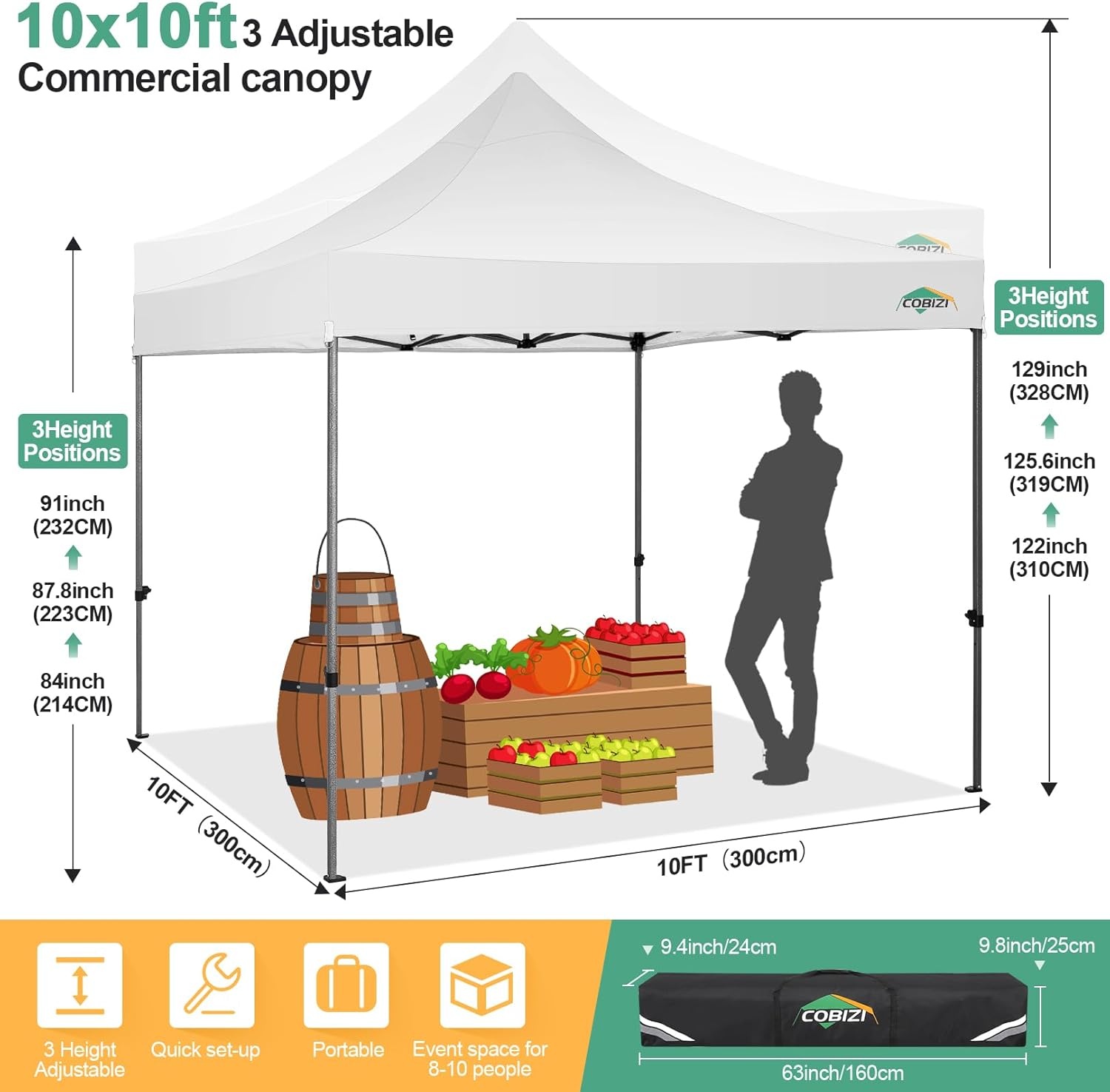 image:imageCOBIZI 66x66ft Pop Up Canopy Tent Heavy Duty Canopy Easy Set up Waterproof Outdoor Canopy Tent for Parties Beach Garden Camping with 1 Handbag 3 Adjustable Heights UPF50 Mist WhiteWhite