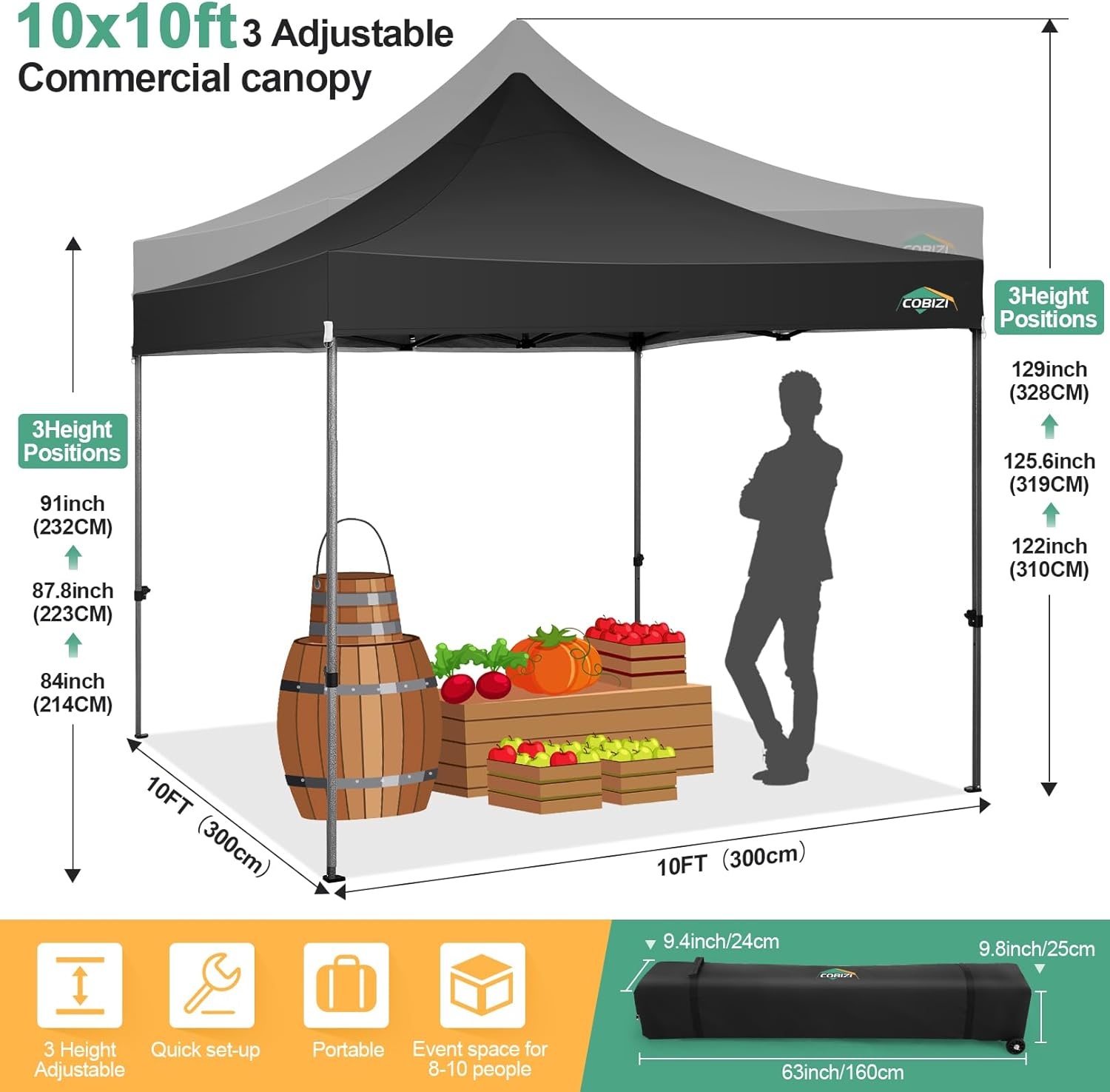 image:imageCOBIZI 66x66ft Pop Up Canopy Tent Heavy Duty Canopy Easy Set up Waterproof Outdoor Canopy Tent for Parties Beach Garden Camping with 1 Handbag 3 Adjustable Heights UPF50 Mist WhiteBlack