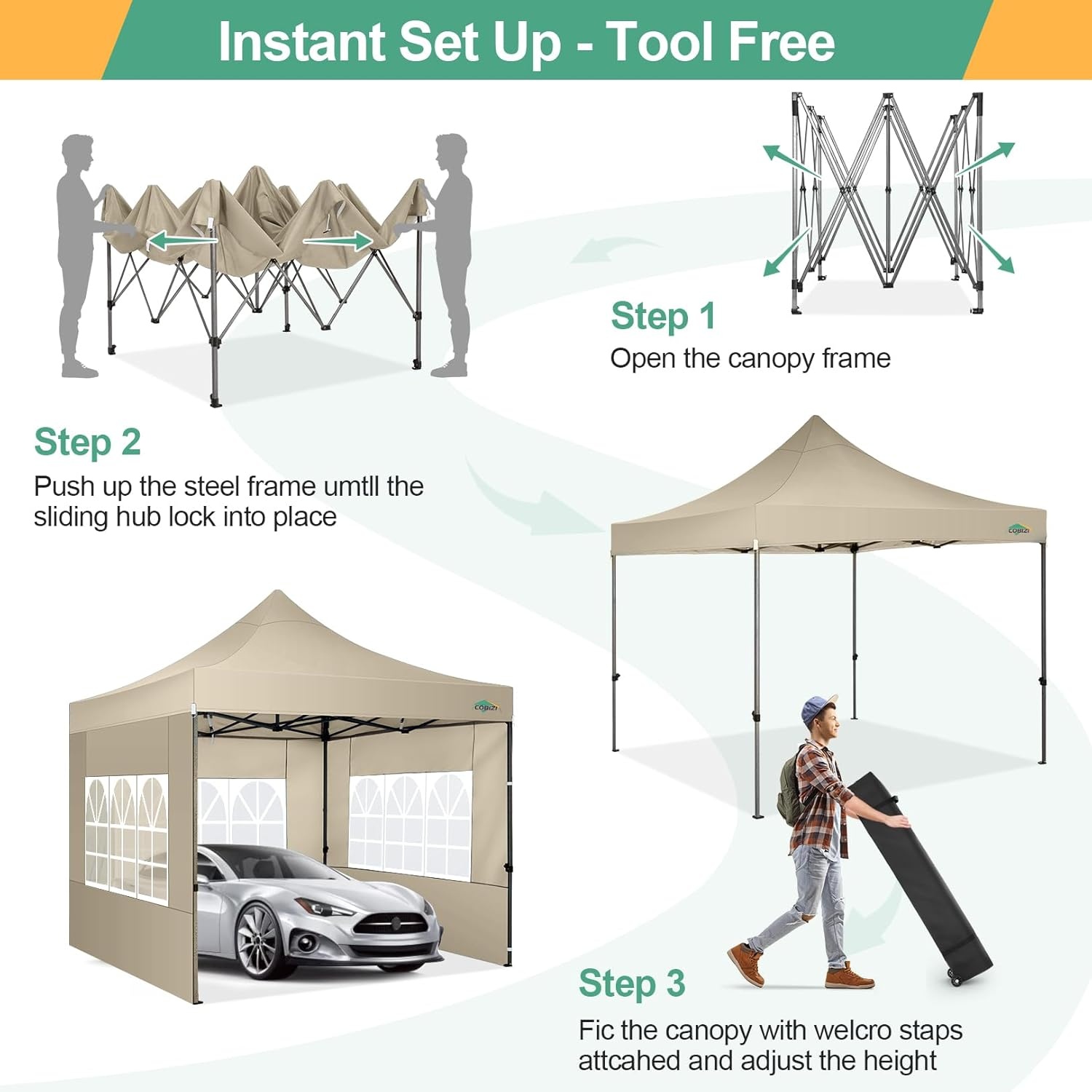 image:imageCOBIZI 66x66ft Pop Up Canopy Tent Heavy Duty Canopy Easy Set up Waterproof Outdoor Canopy Tent for Parties Beach Garden Camping with 1 Handbag 3 Adjustable Heights UPF50 Mist WhiteKhaki