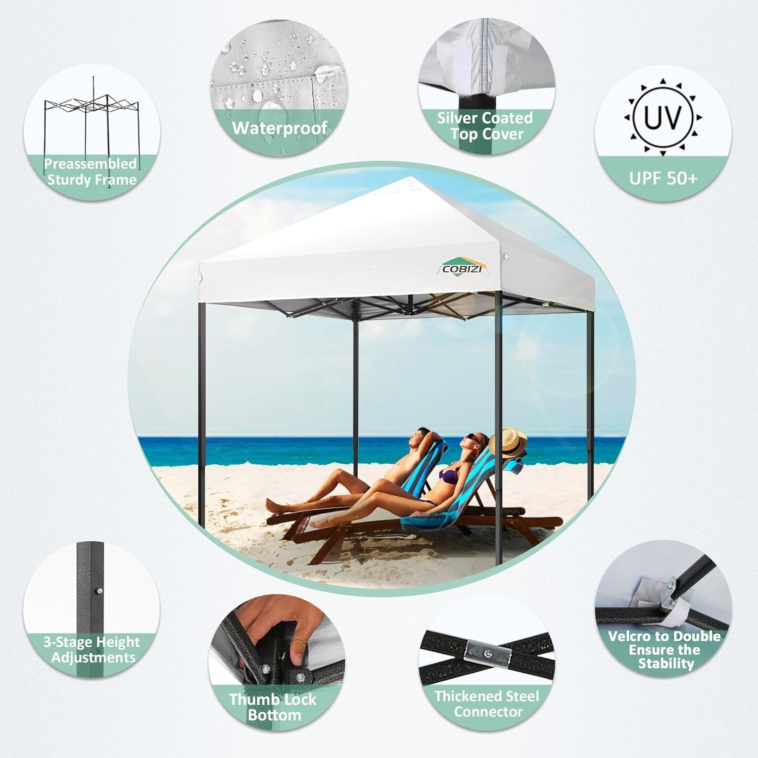 image:imageCOBIZI 66x66ft Pop Up Canopy Tent Heavy Duty Canopy Easy Set up Waterproof Outdoor Canopy Tent for Parties Beach Garden Camping with 1 Handbag 3 Adjustable Heights UPF50 Mist WhiteWhite