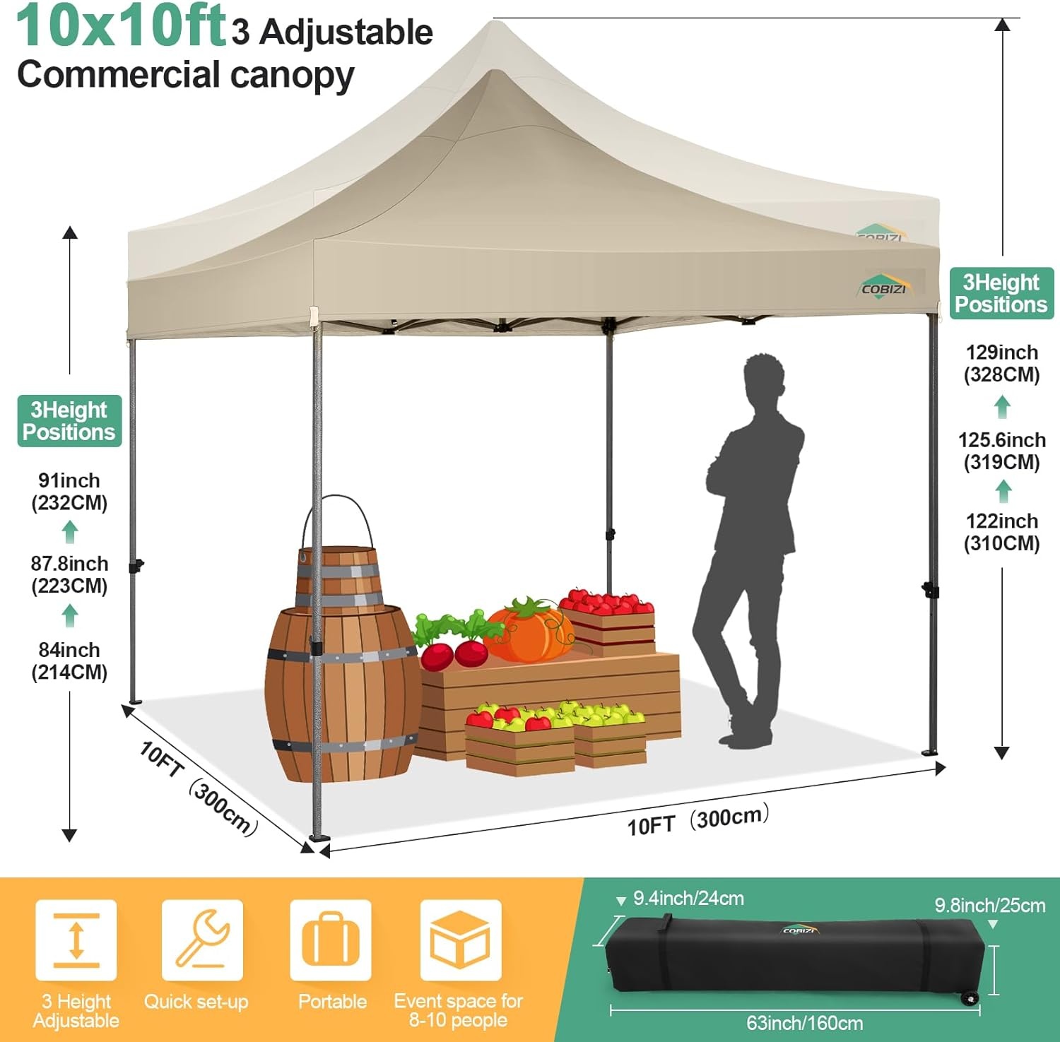 image:imageCOBIZI 66x66ft Pop Up Canopy Tent Heavy Duty Canopy Easy Set up Waterproof Outdoor Canopy Tent for Parties Beach Garden Camping with 1 Handbag 3 Adjustable Heights UPF50 Mist WhiteKhaki