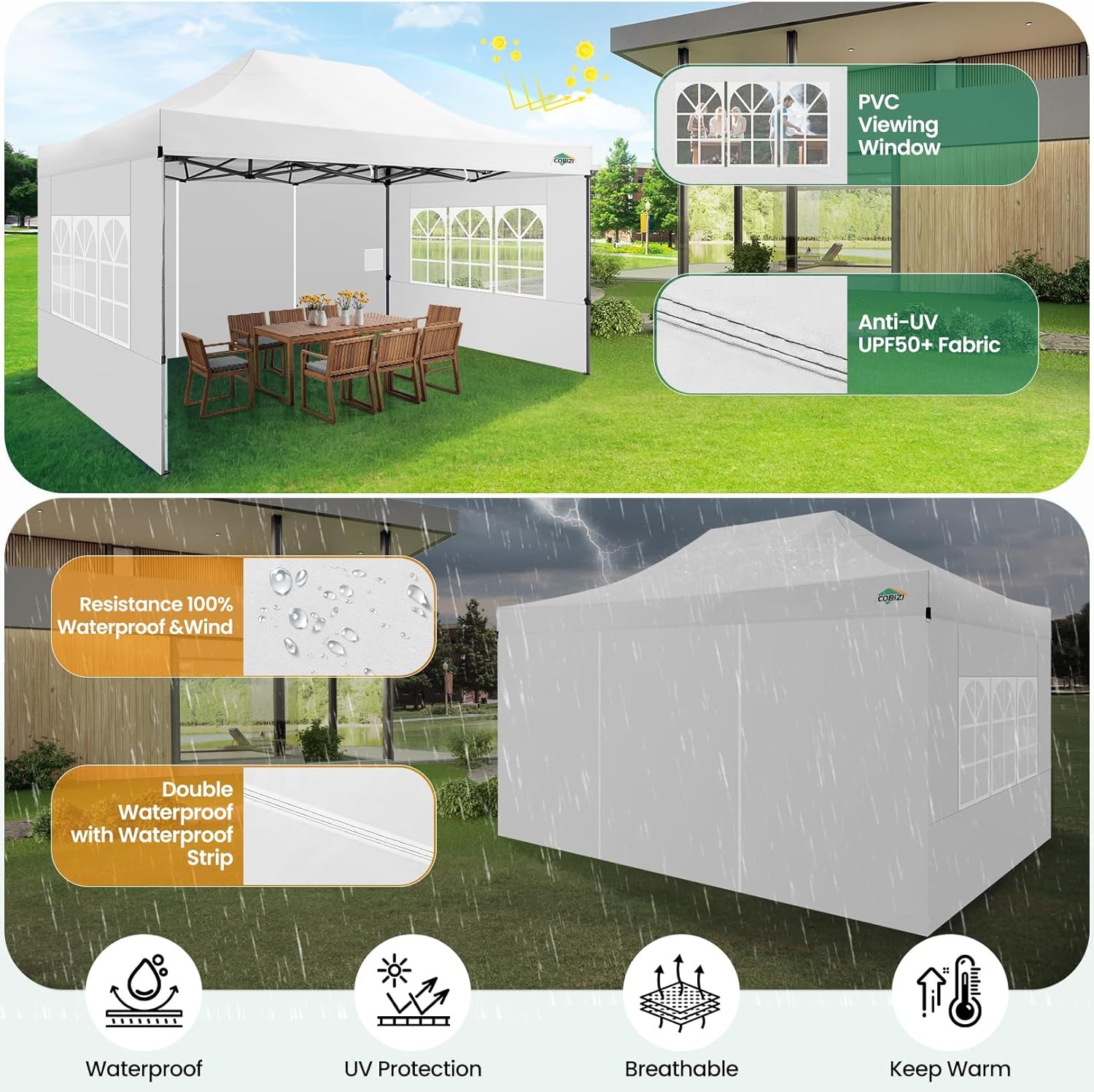 image:imageCOBIZI 66x66ft Pop Up Canopy Tent Heavy Duty Canopy Easy Set up Waterproof Outdoor Canopy Tent for Parties Beach Garden Camping with 1 Handbag 3 Adjustable Heights UPF50 Mist WhiteWhite