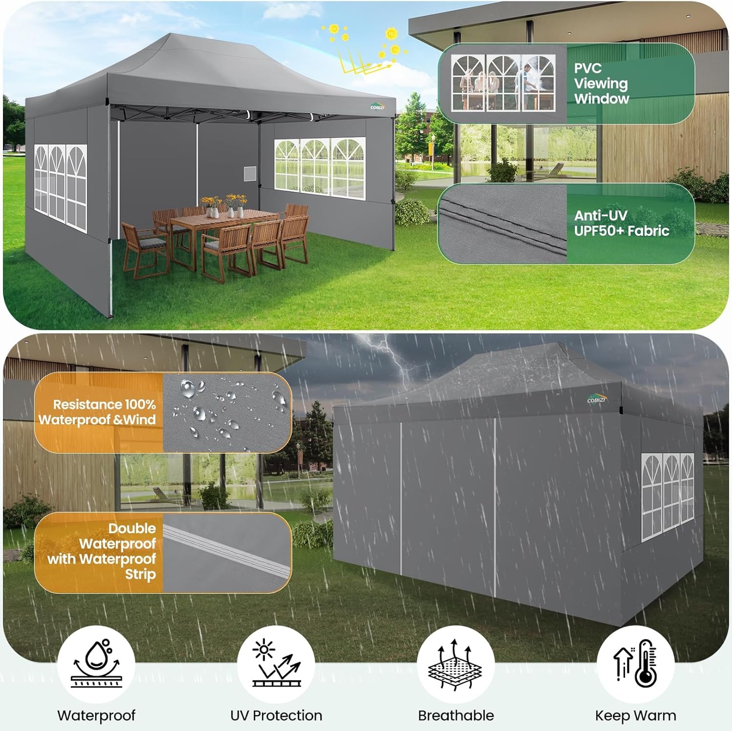 image:imageCOBIZI 66x66ft Pop Up Canopy Tent Heavy Duty Canopy Easy Set up Waterproof Outdoor Canopy Tent for Parties Beach Garden Camping with 1 Handbag 3 Adjustable Heights UPF50 Mist WhiteGray